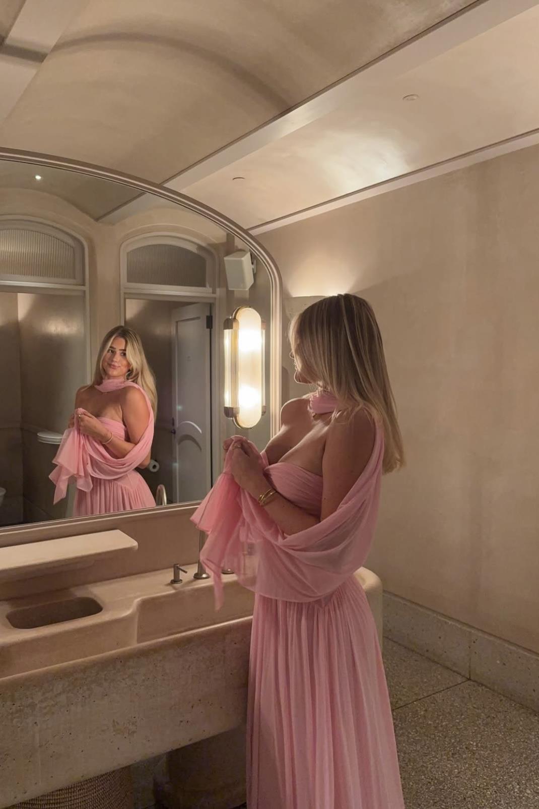 Şal Detaylı Straplez Pembe Elbise