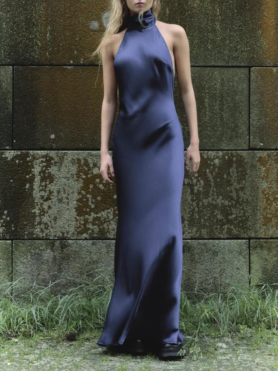 Saten Gece Mavisi Sırt Dekolteli Elbise