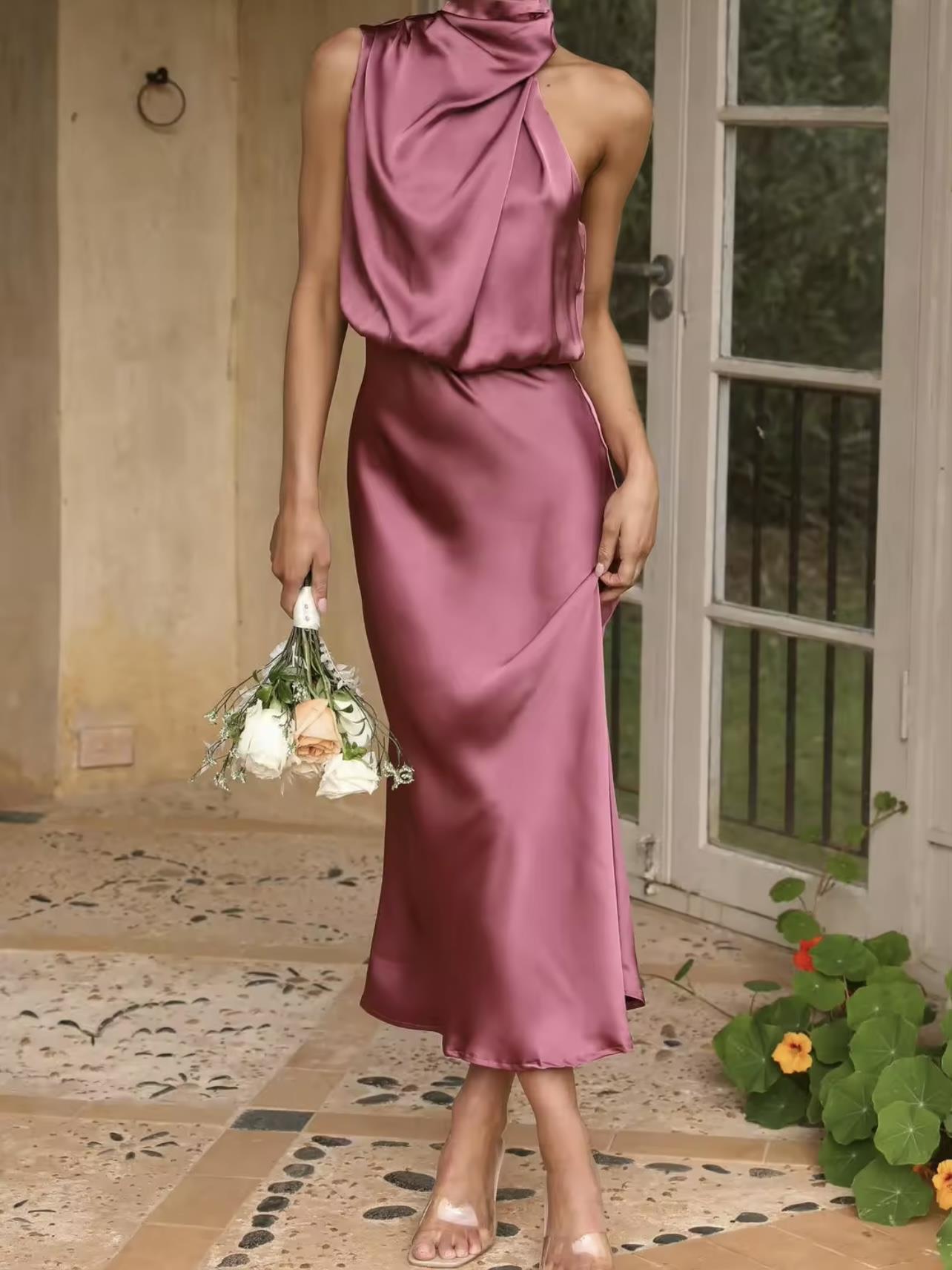 Saten Halter Yaka Midi Elbise