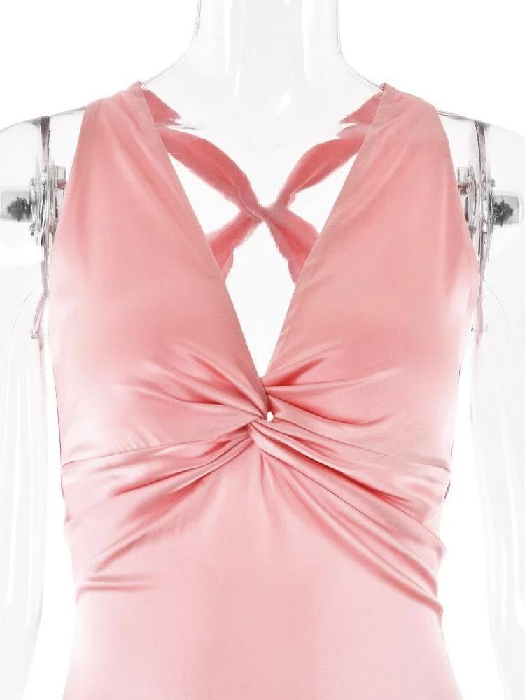 Saten Kruvaze Yaka Pembe Elbise