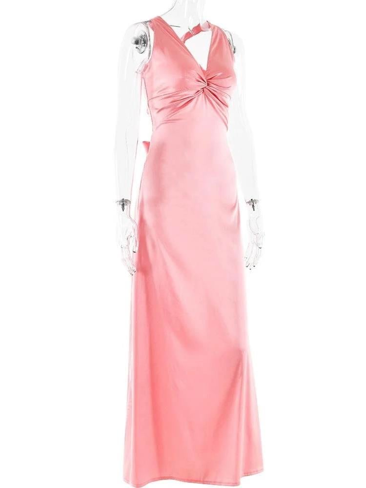 Saten Kruvaze Yaka Pembe Elbise