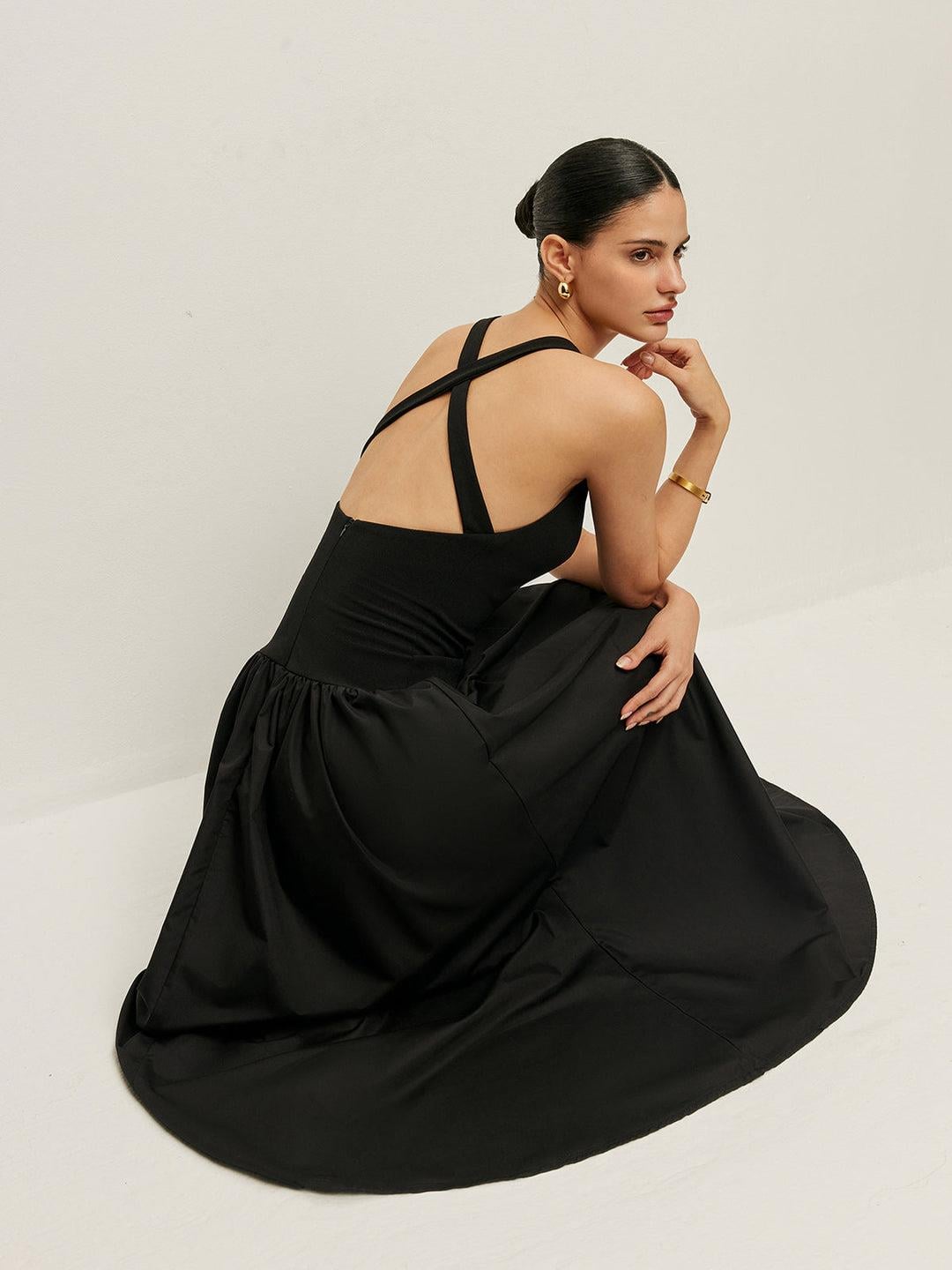 Siyah Askılı Volan Detaylı Elbise