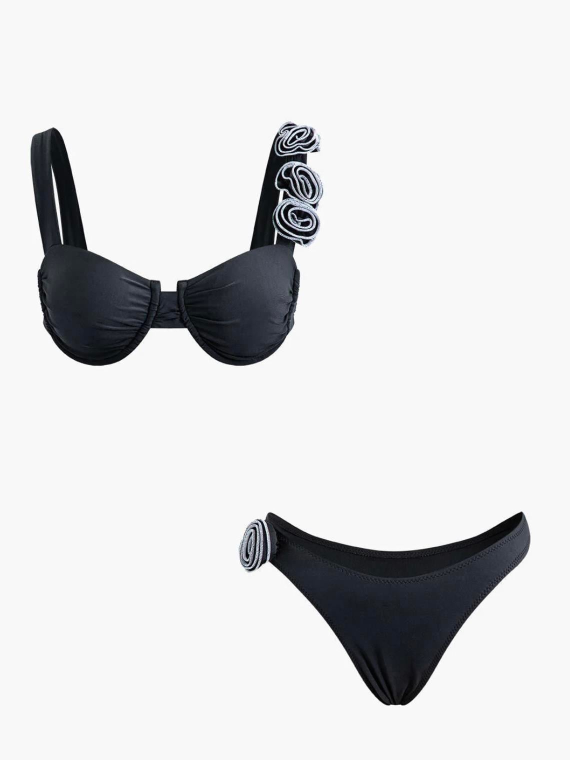 Siyah Gül Detaylı Bikini Takımı