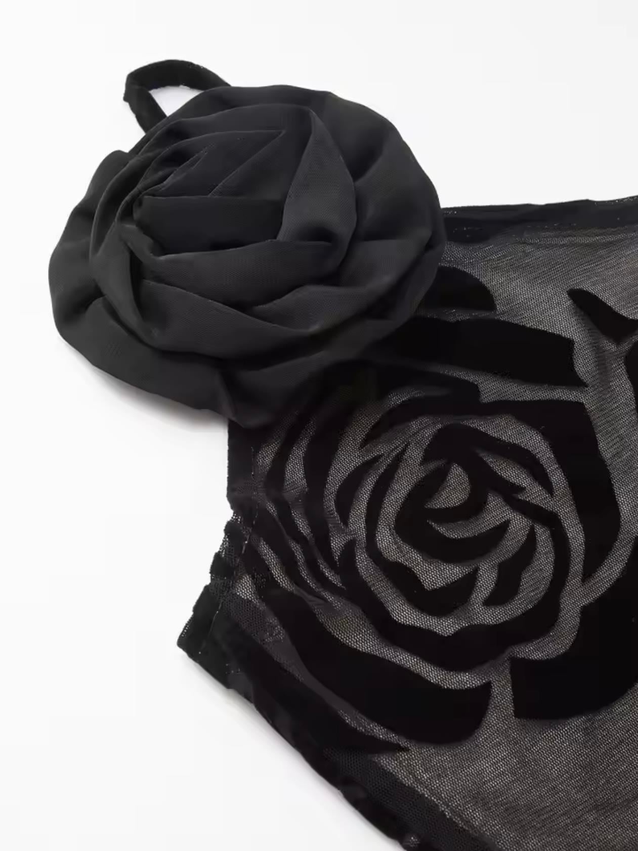 Siyah Gül İşlemeli Maxı Elbise