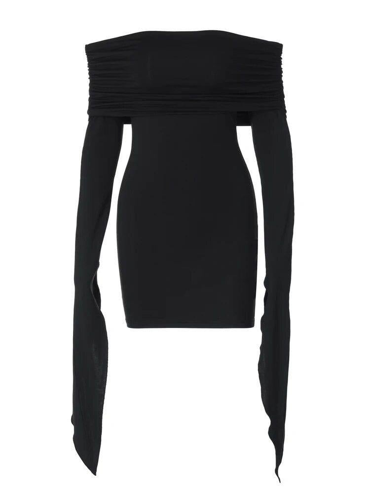 Siyah Uzun Kol Detaylı Mini Elbise