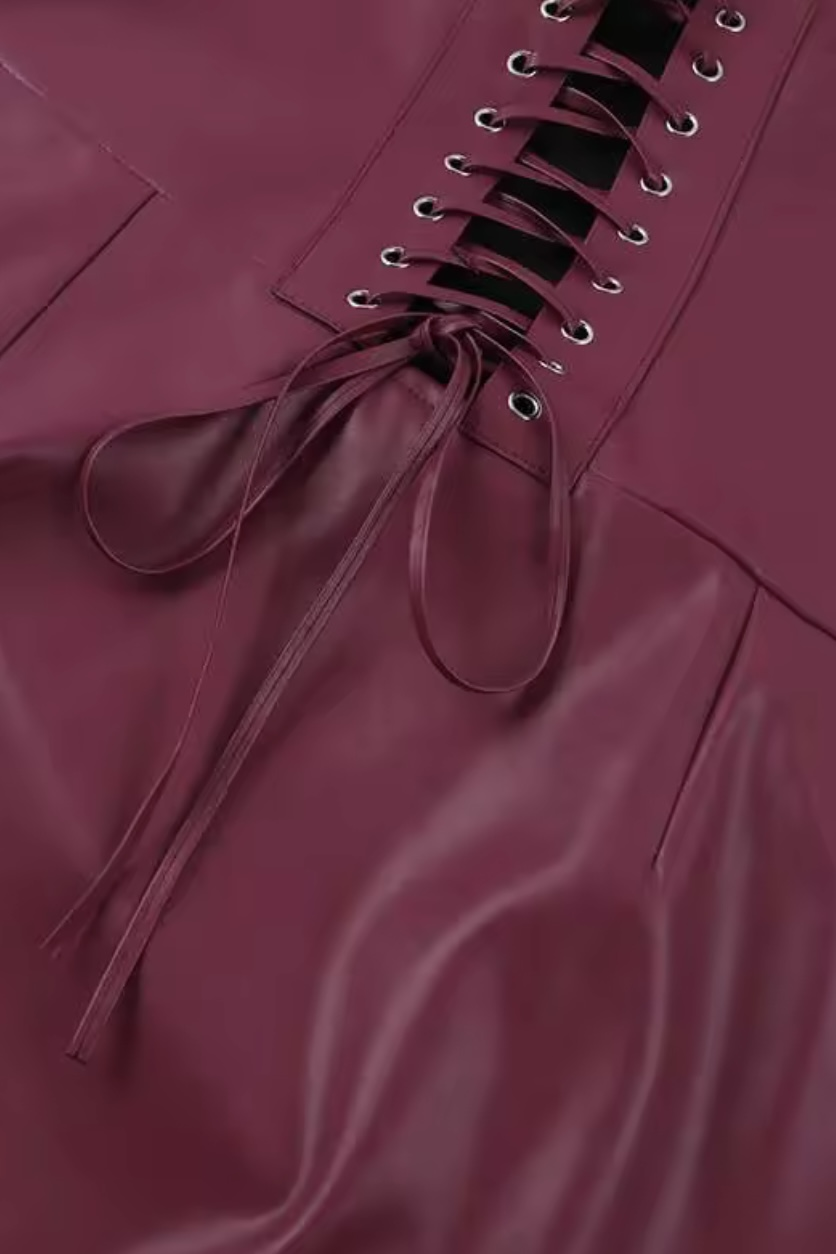 Straplez Balenli Midi Boy Suni Deri Elbise - Bordo