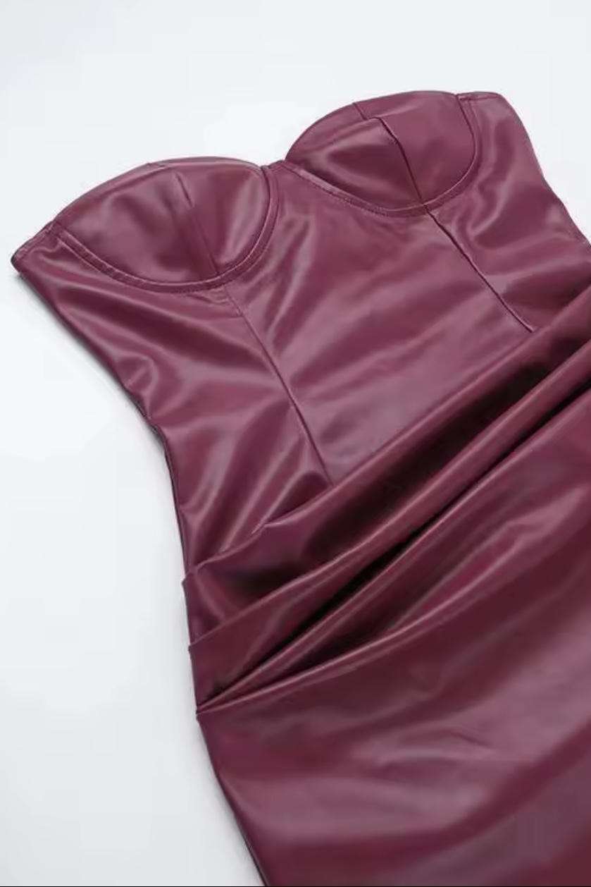 Straplez Balenli Midi Boy Suni Deri Elbise - Bordo