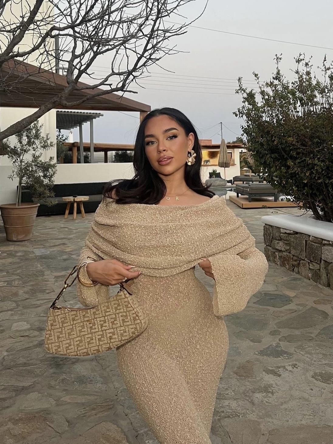 Straplez Örgü Uzun Elbise - Bej