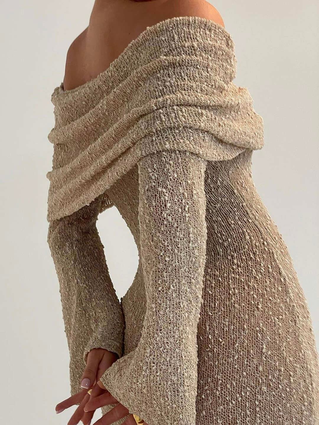 Straplez Örgü Uzun Elbise - Bej