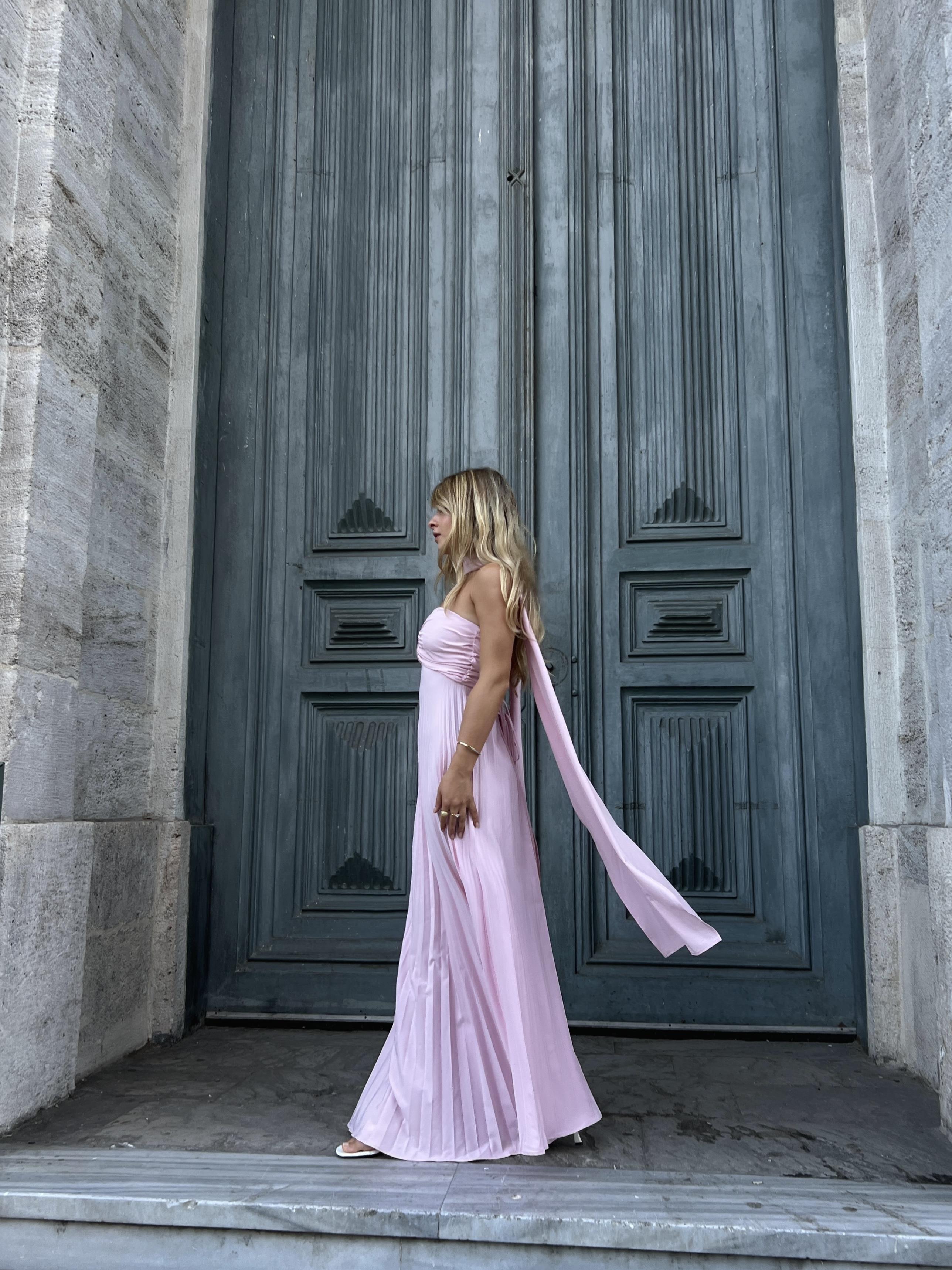 Straplez Pileli Şal Detaylı Elbise - Pembe