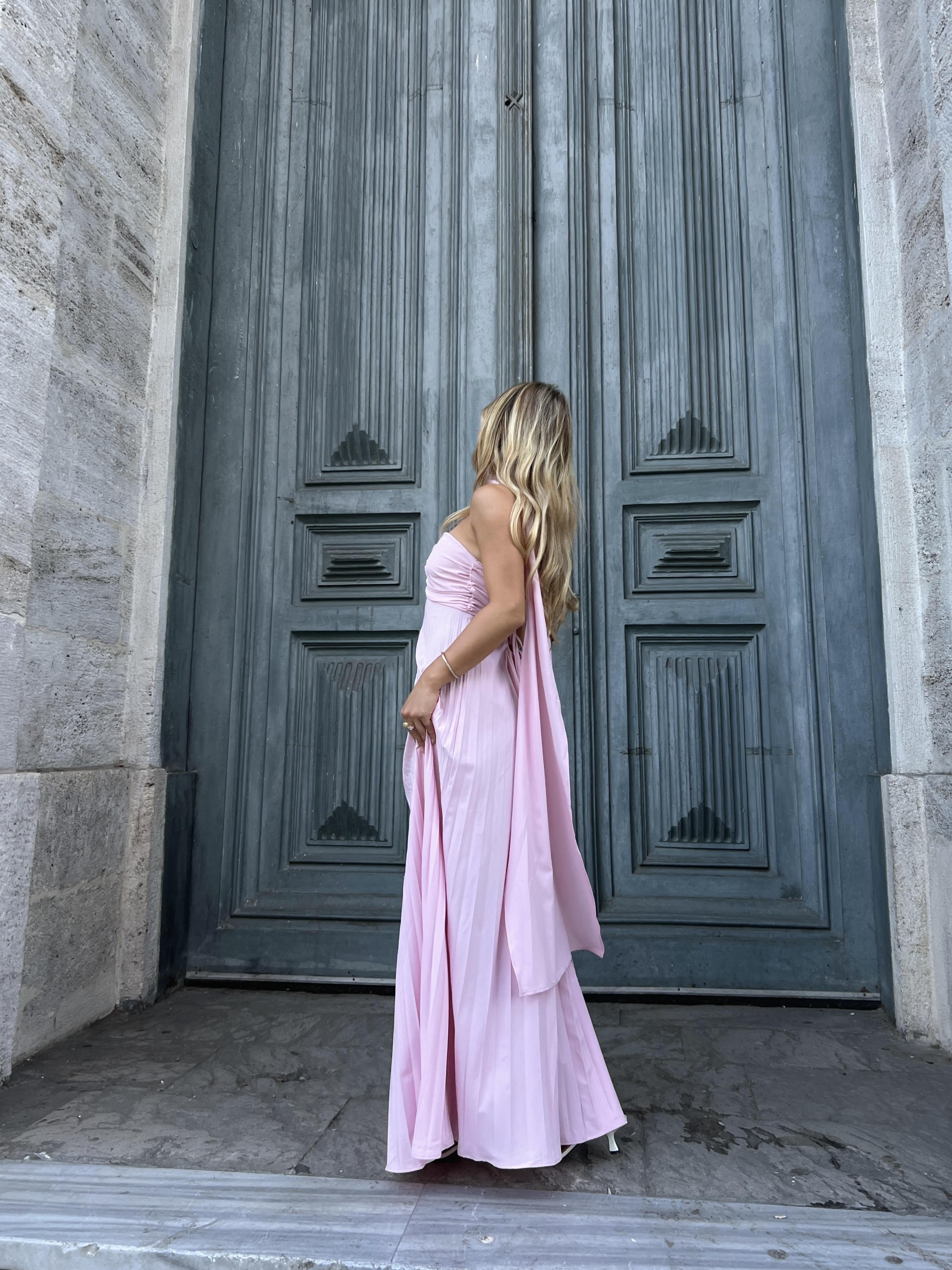 Straplez Pileli Şal Detaylı Elbise - Pembe