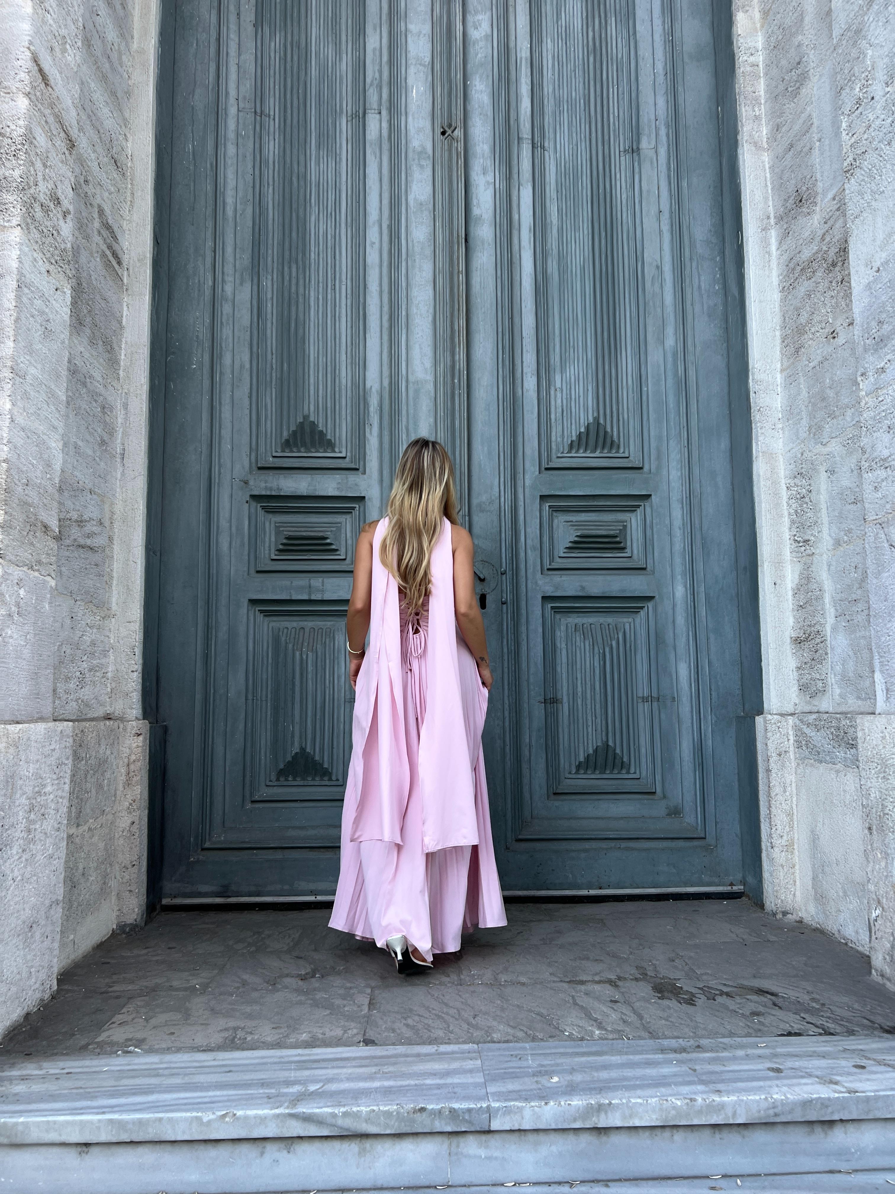 Straplez Pileli Şal Detaylı Elbise - Pembe