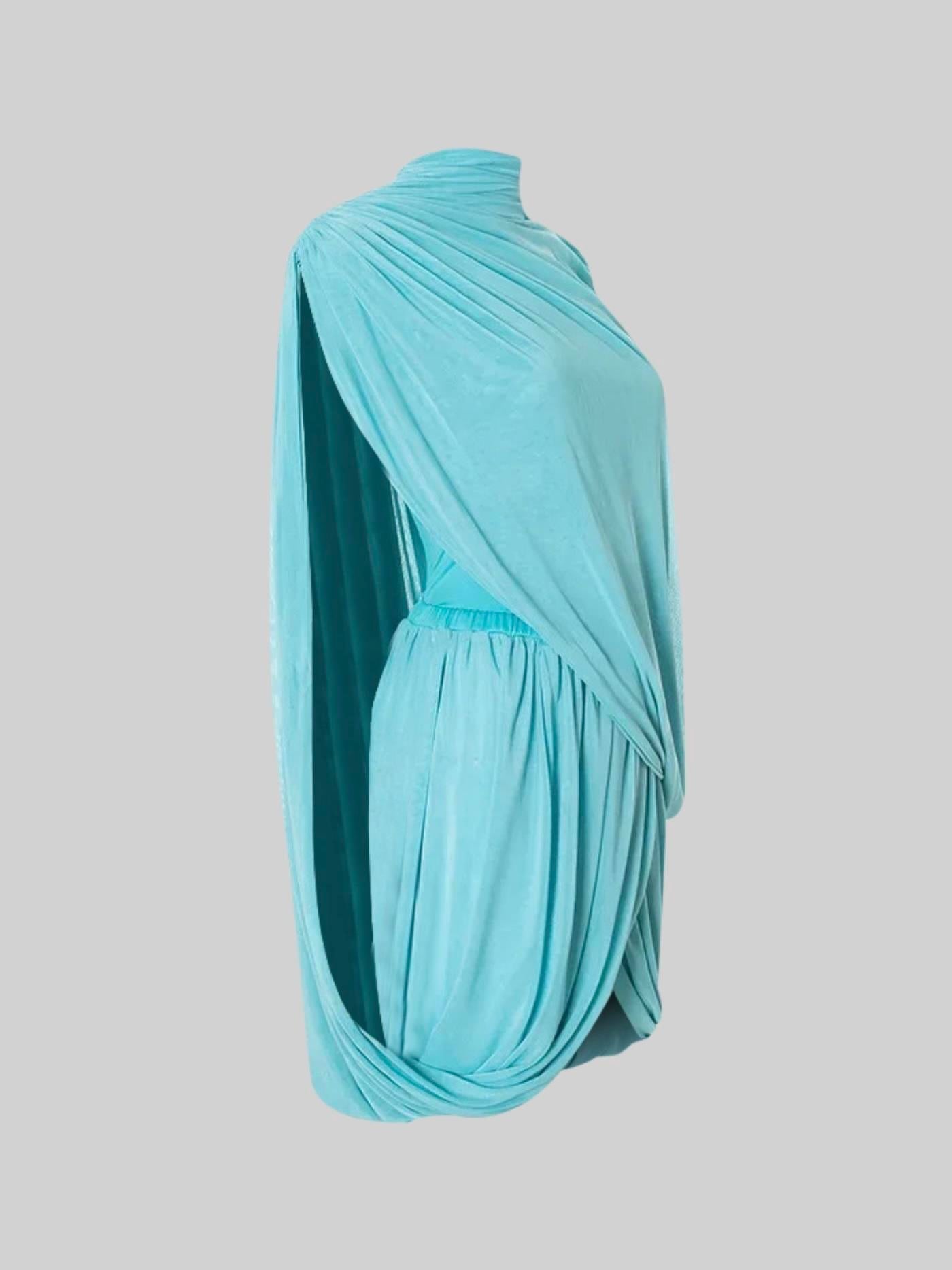 Tek Omuz Drapeli Mavi Mini Elbise