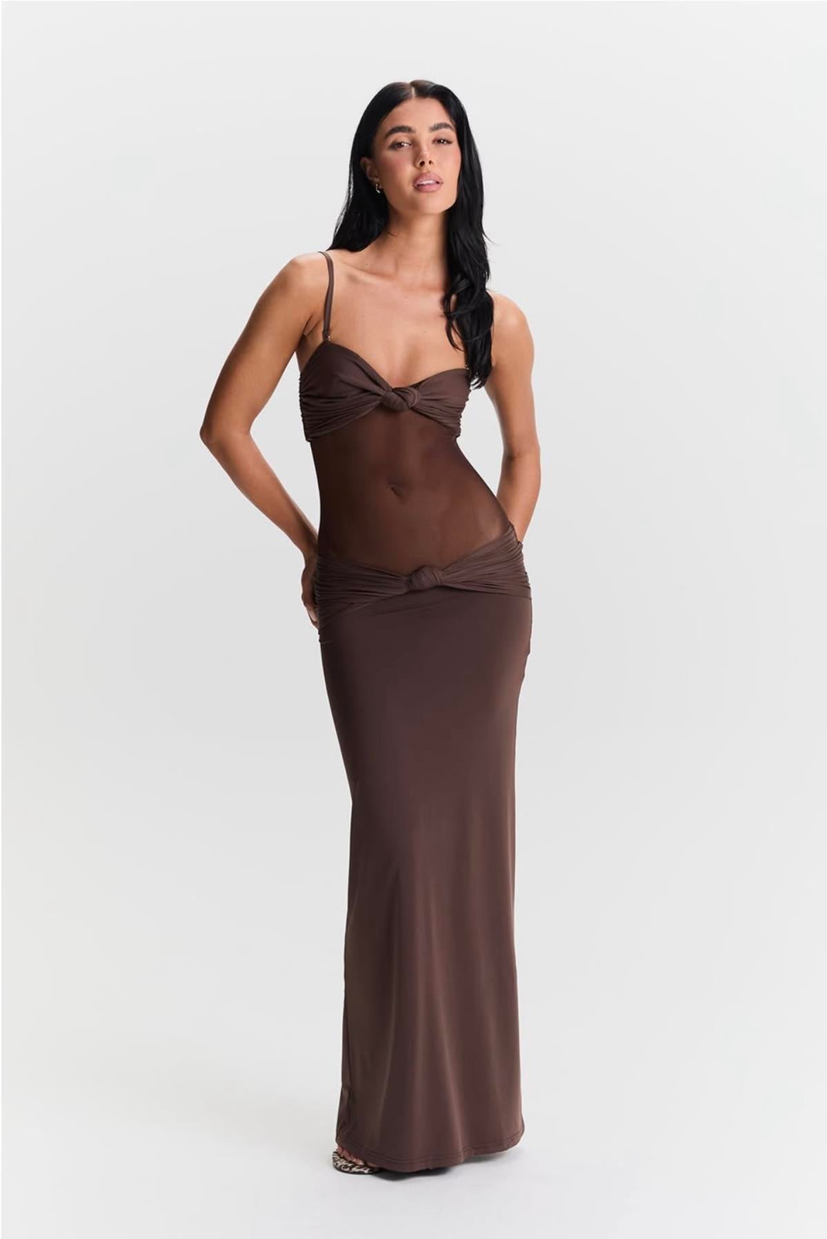 Transparan Detaylı Kahverengi Elbise