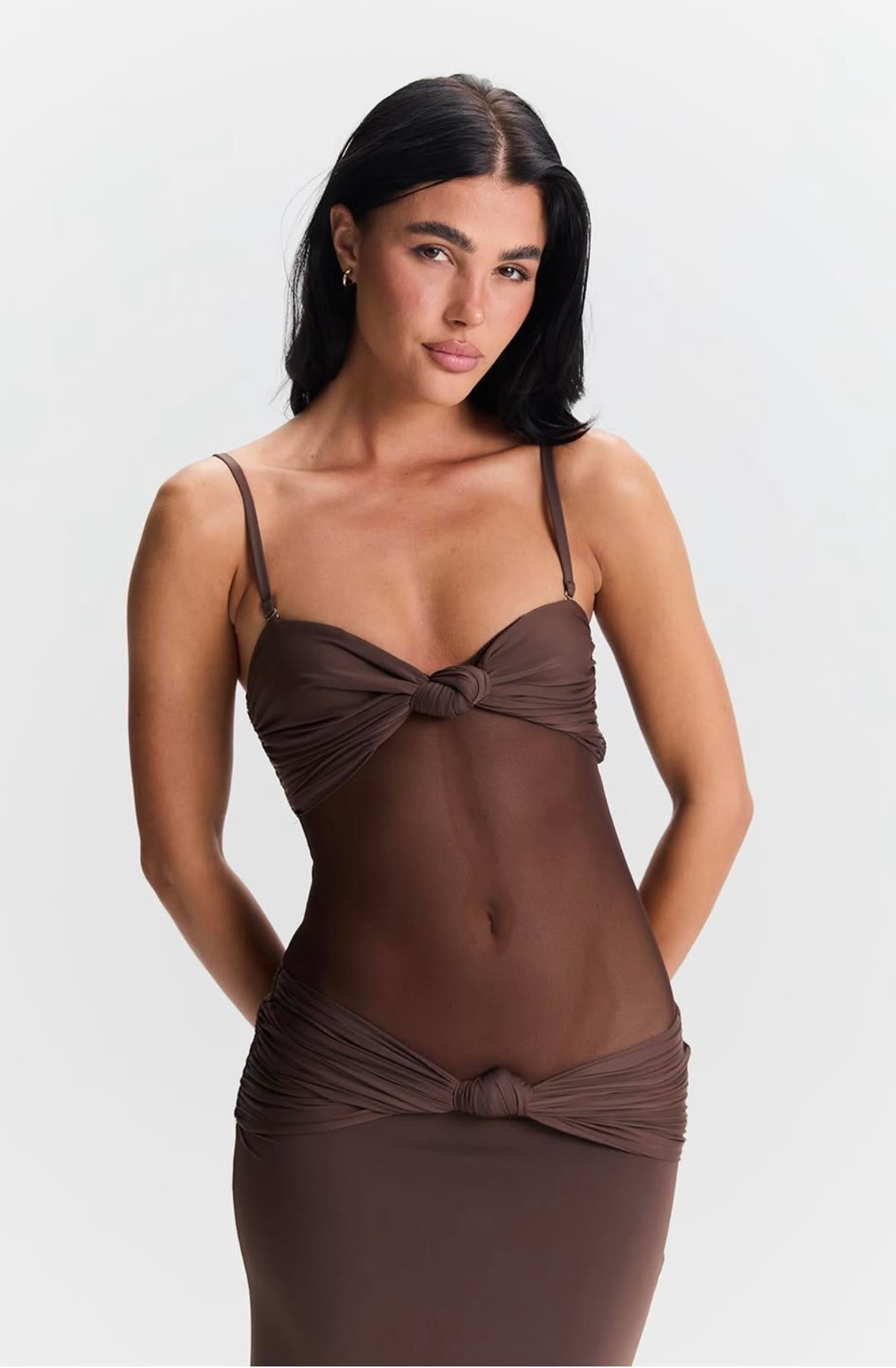 Transparan Detaylı Kahverengi Elbise