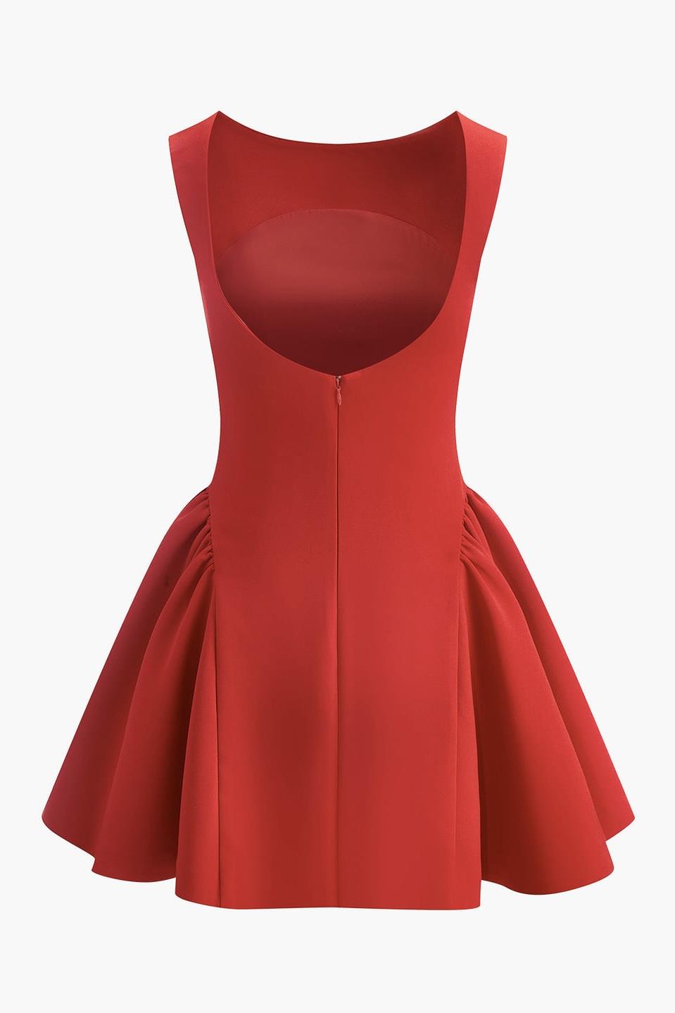 Volan Detaylı Sırt Dekolteli Mini Elbise - Kırmızı