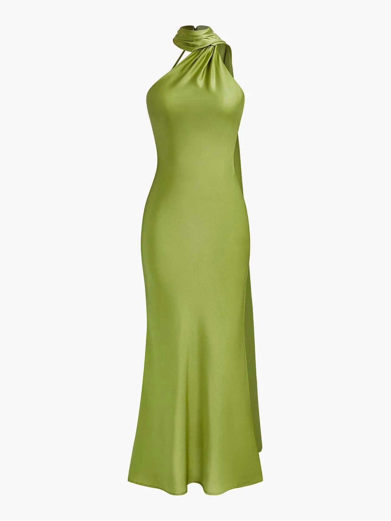 Sırt Dekolteli Şal Detaylı Saten Elbise - Yeşil
