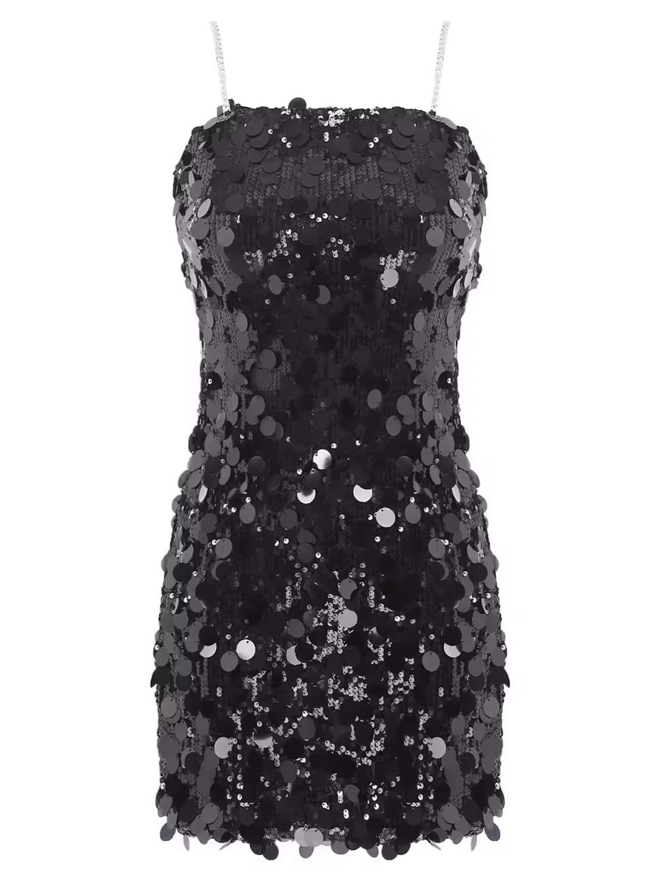 Zincir Askılı Payet Elbise - Siyah