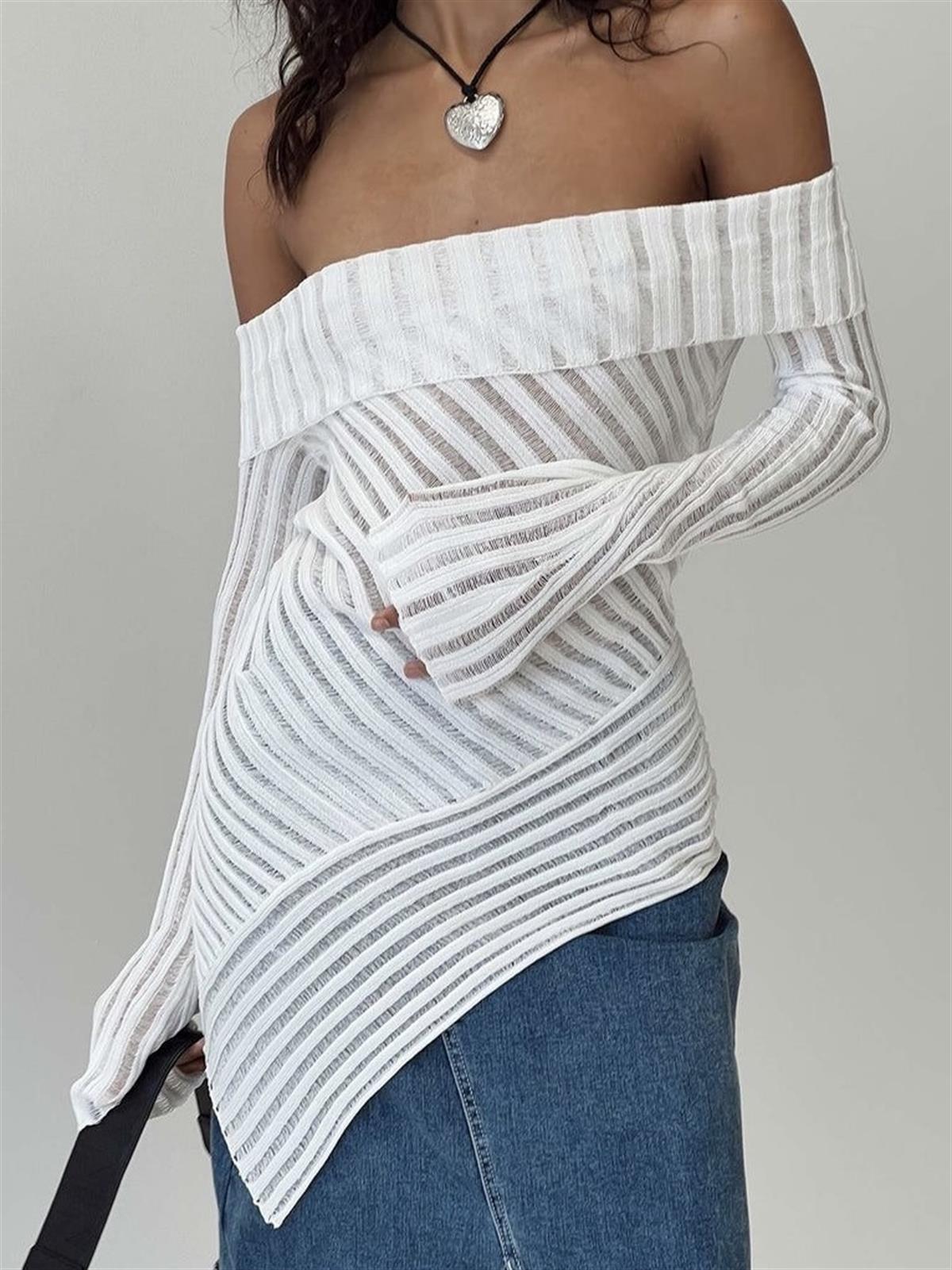 Asimetrik Beyaz Örgü Bluz