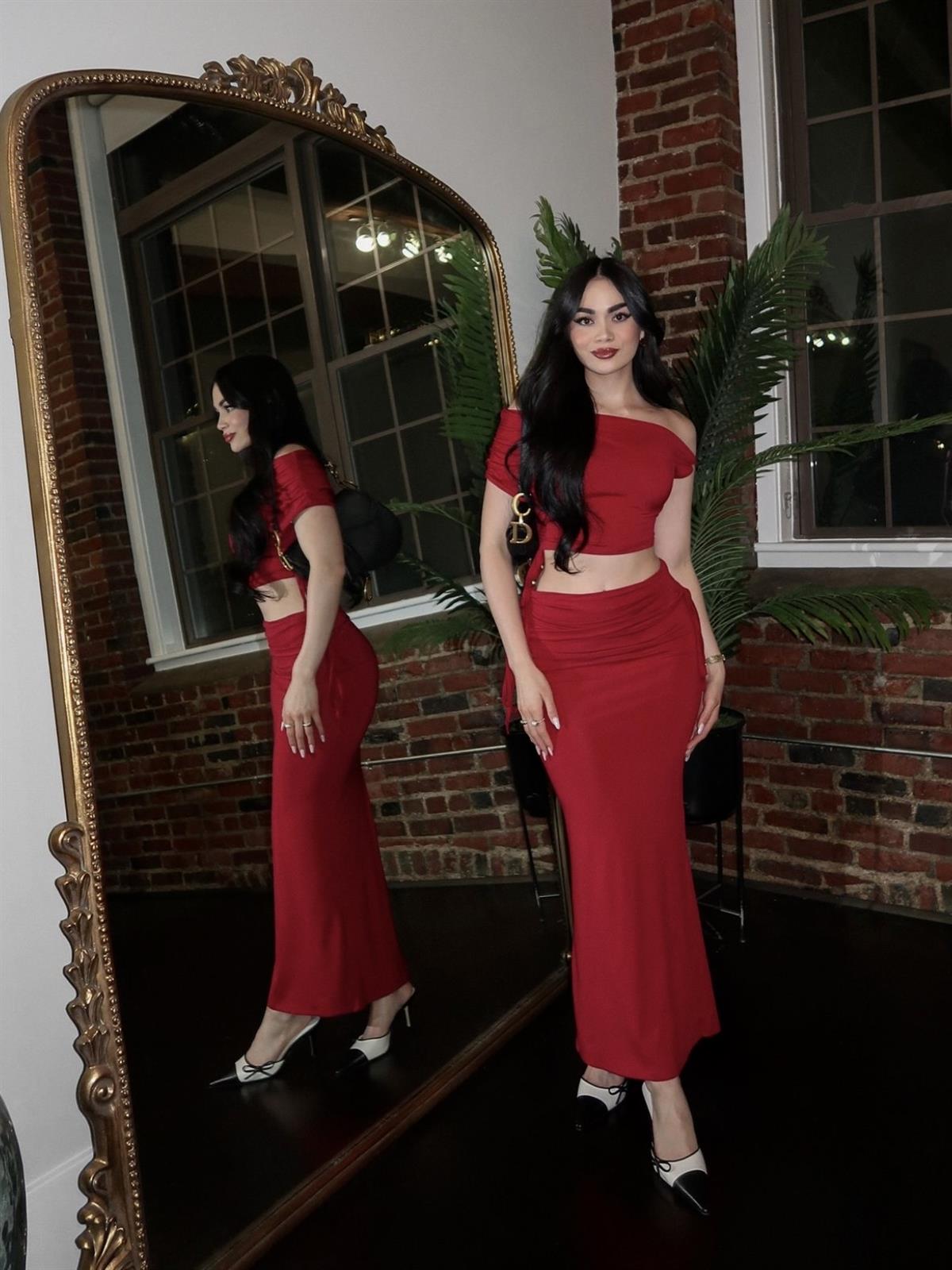 Asimetrik Büzgülü Uzun Etek Takım