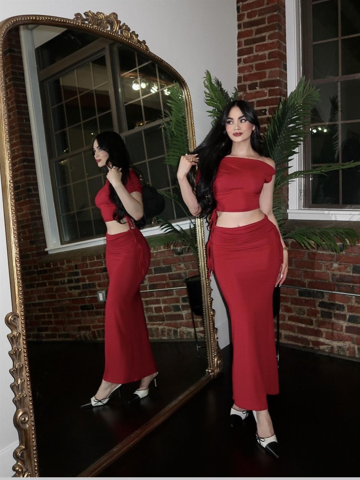 Asimetrik Büzgülü Uzun Etek Takım