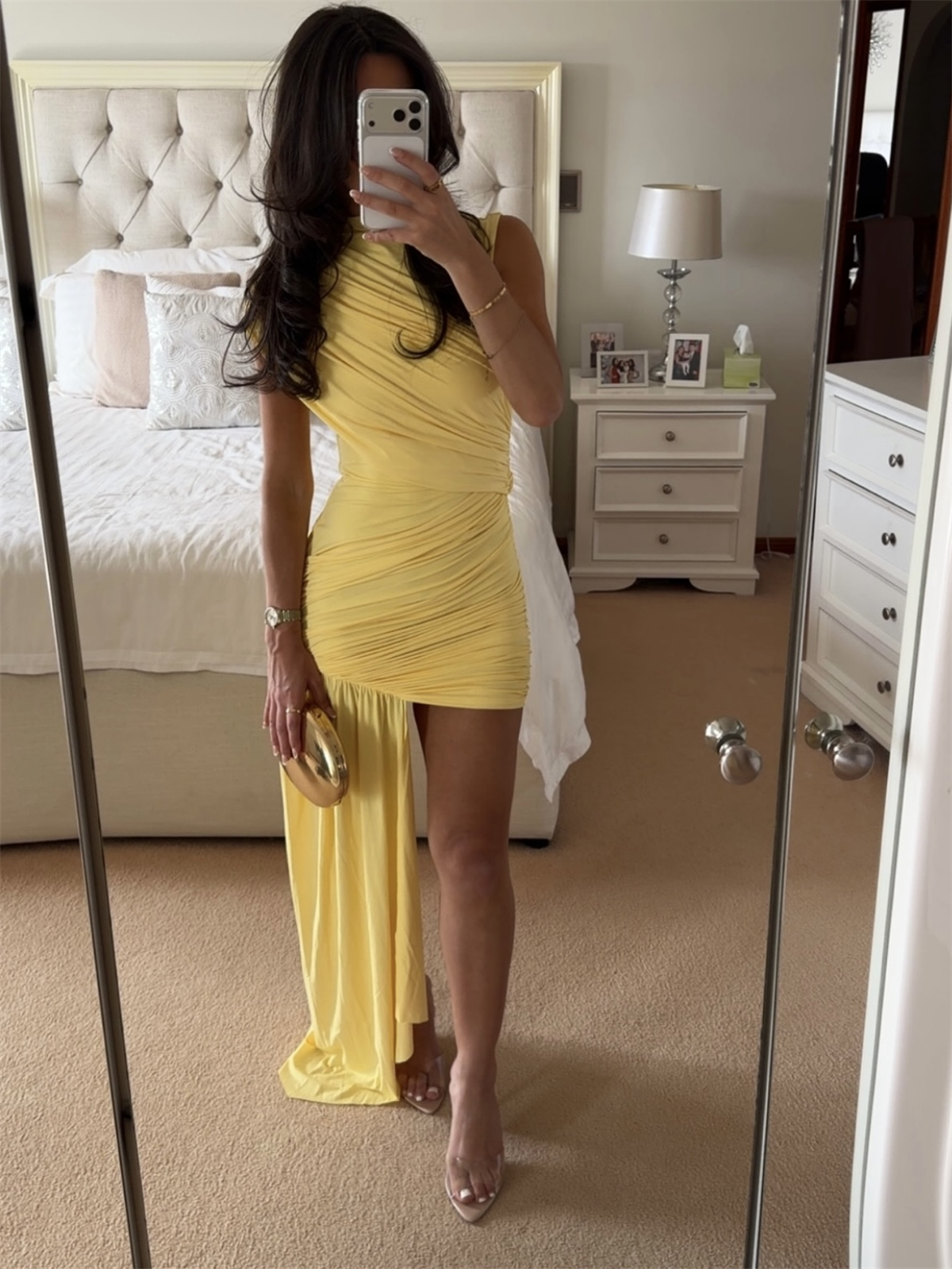 Asimetrik Drapeli Kuyruklu Elbise - Sarı