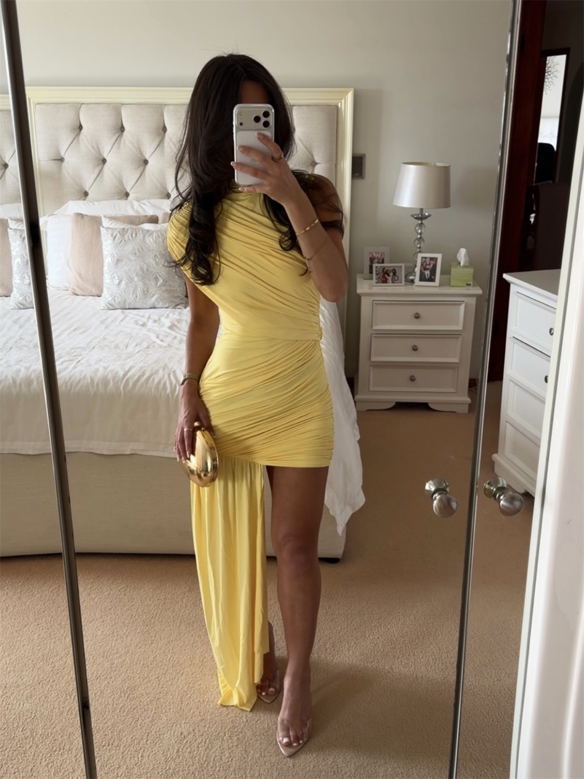 Asimetrik Drapeli Kuyruklu Elbise - Sarı