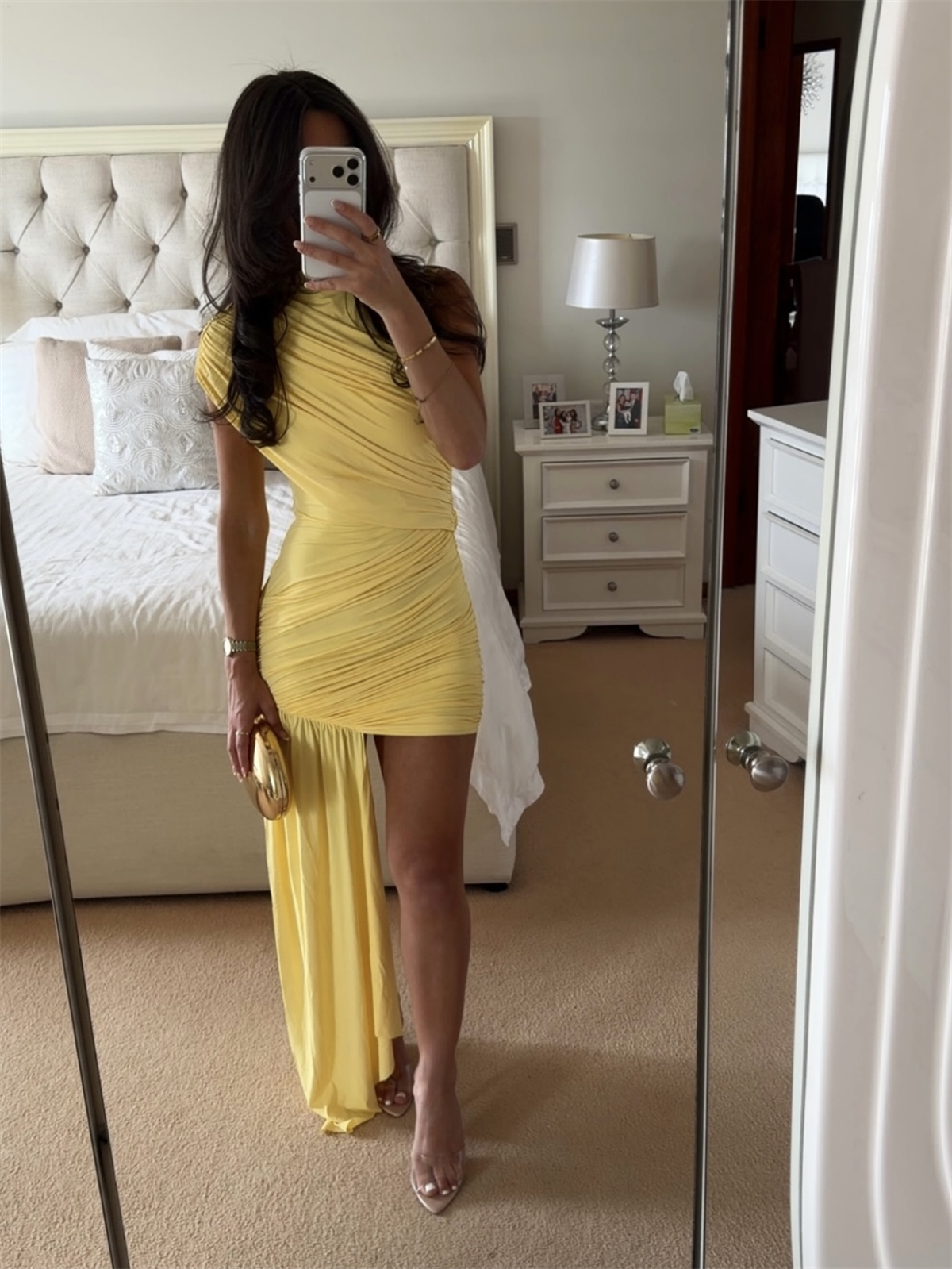 Asimetrik Drapeli Kuyruklu Elbise - Sarı