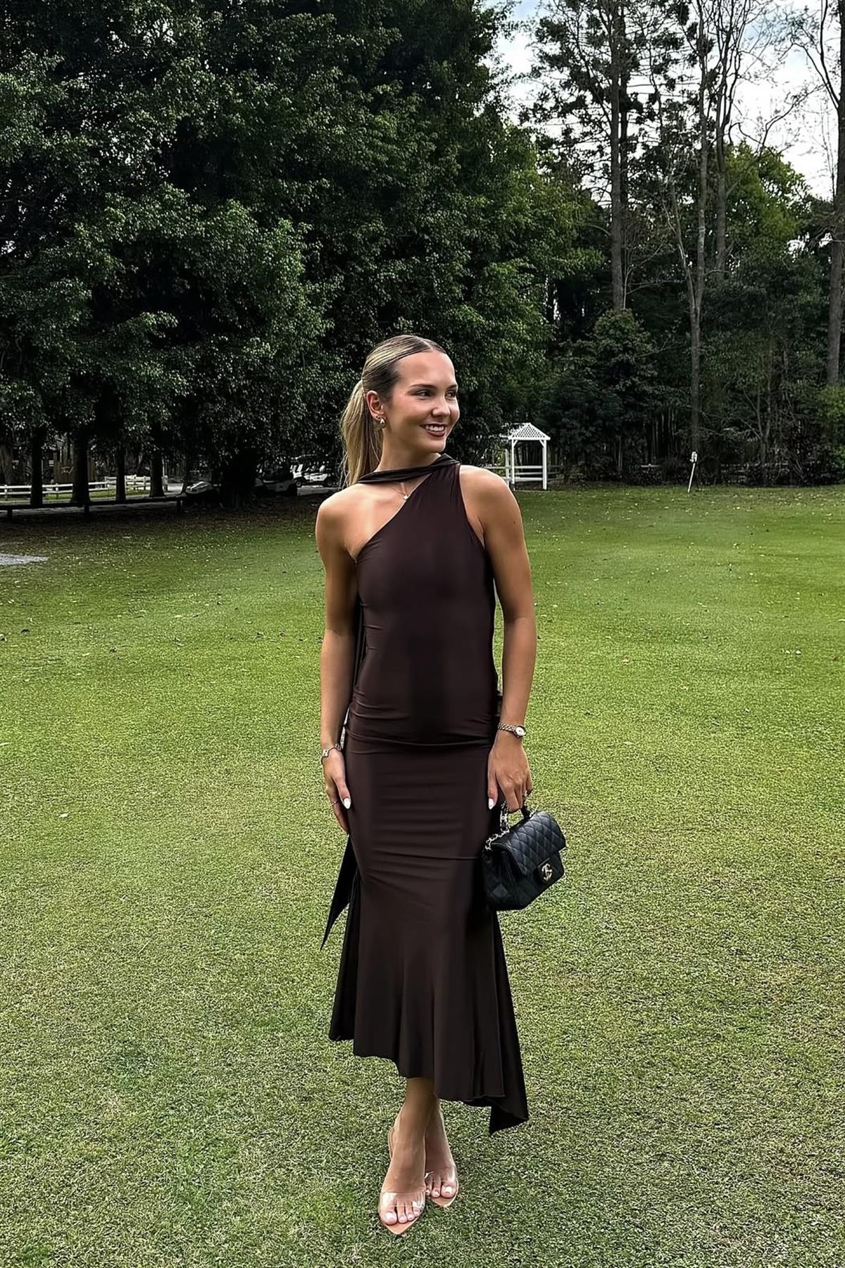 Asimetrik Kahverengi Midi Elbise