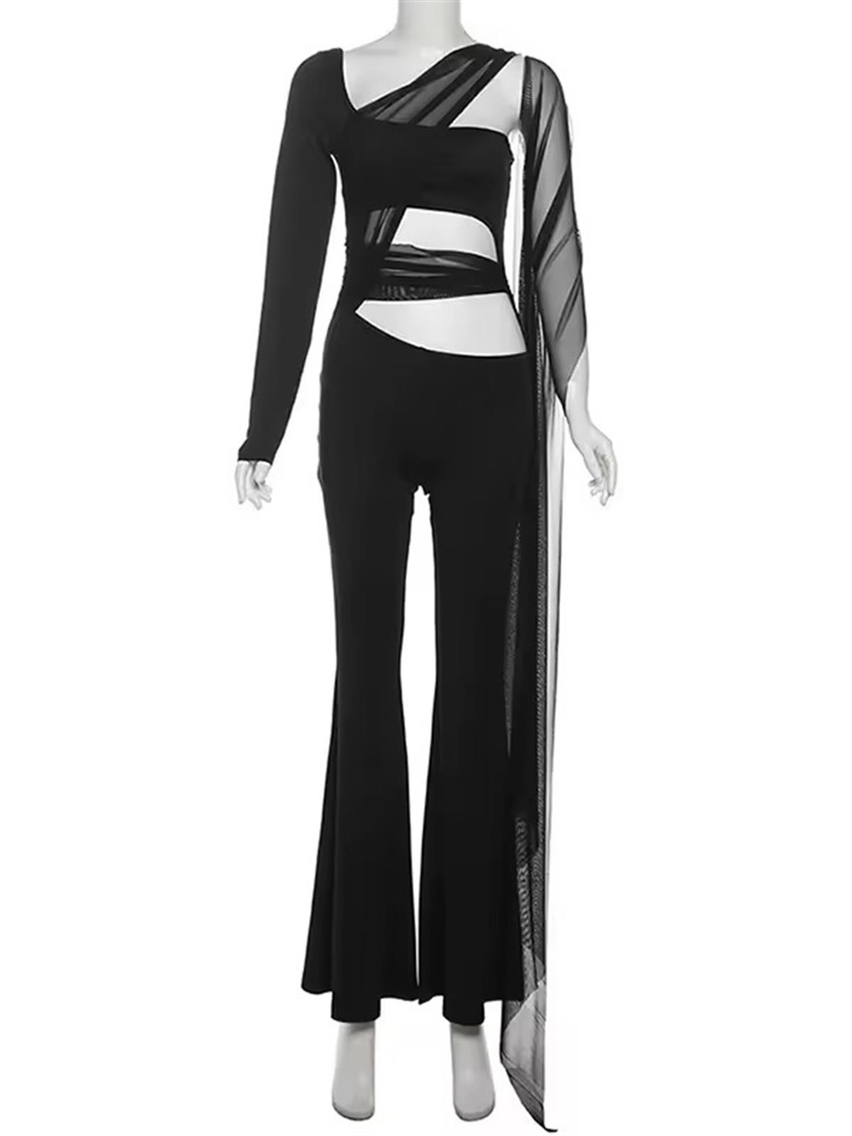 Asimetrik Tül Detaylı Siyah Tulum