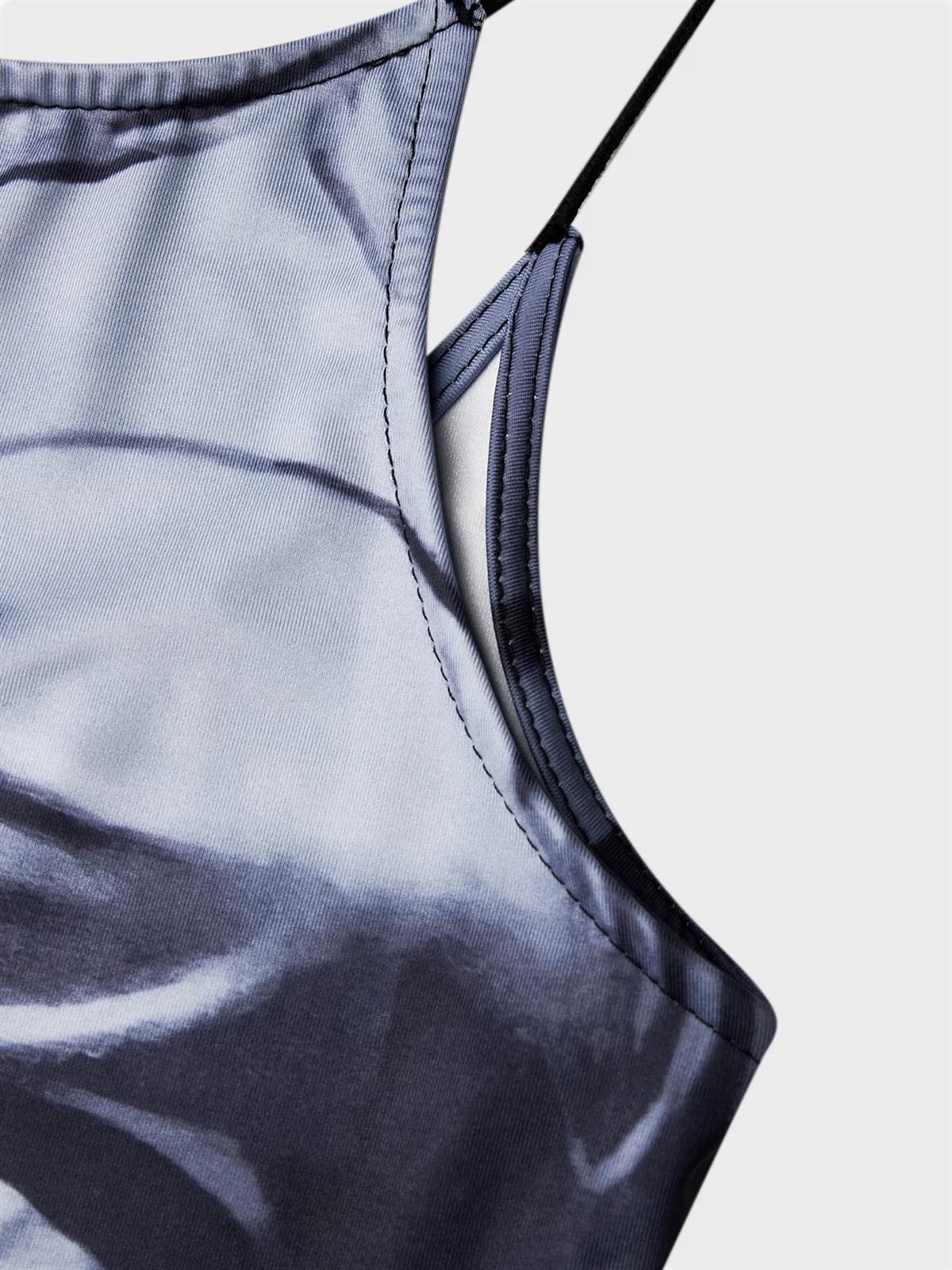 Vücut Baskılı Islak Görünümlü Mavi Elbise