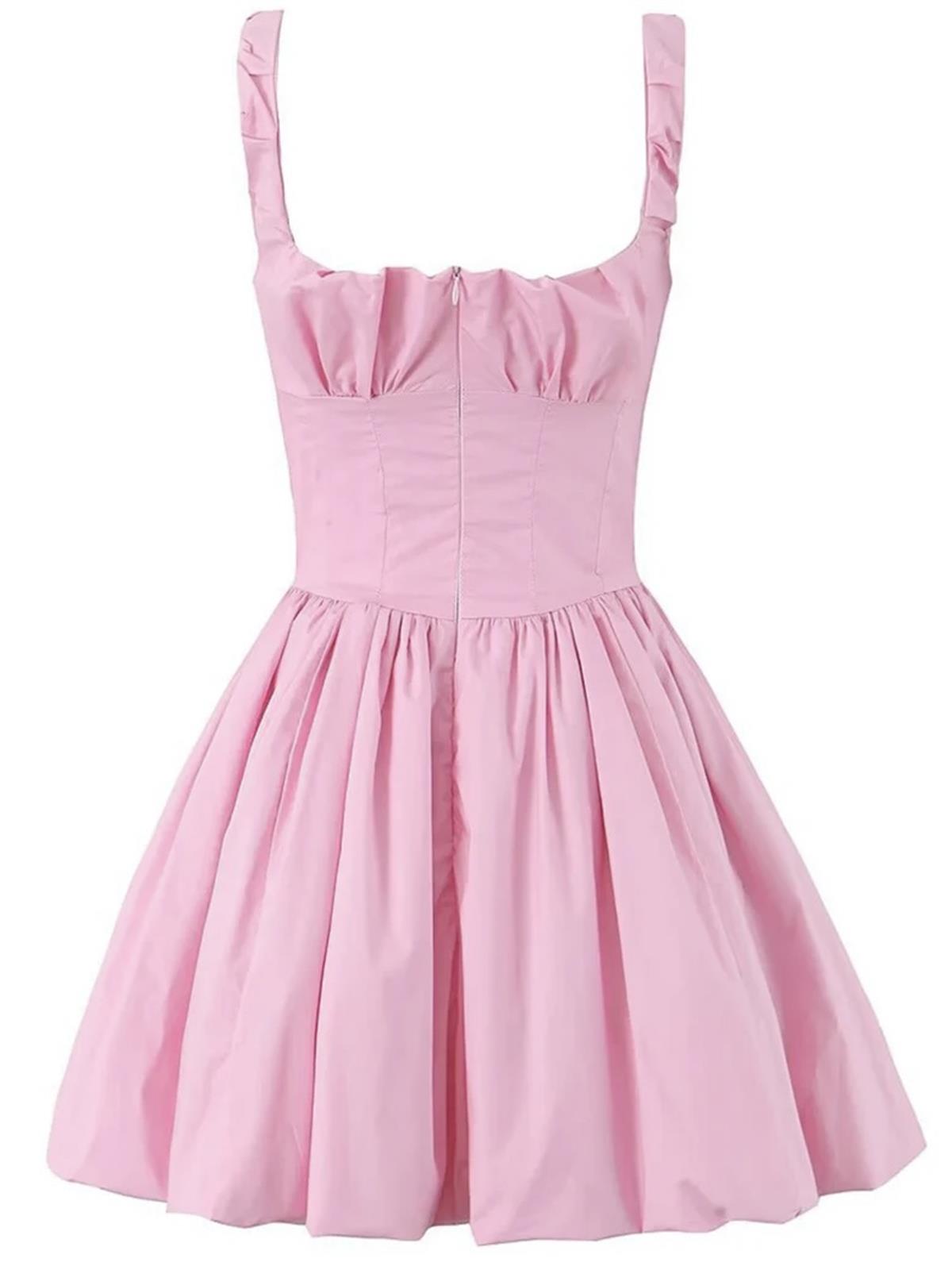 Balon Form Büzgülü Mini Pembe Elbise