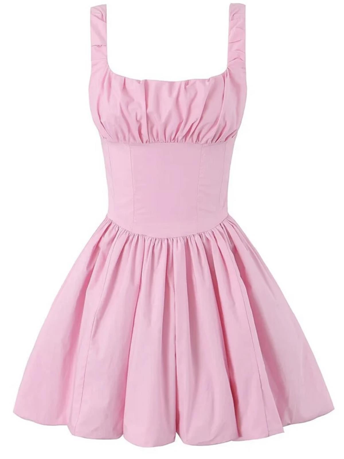 Balon Form Büzgülü Mini Pembe Elbise