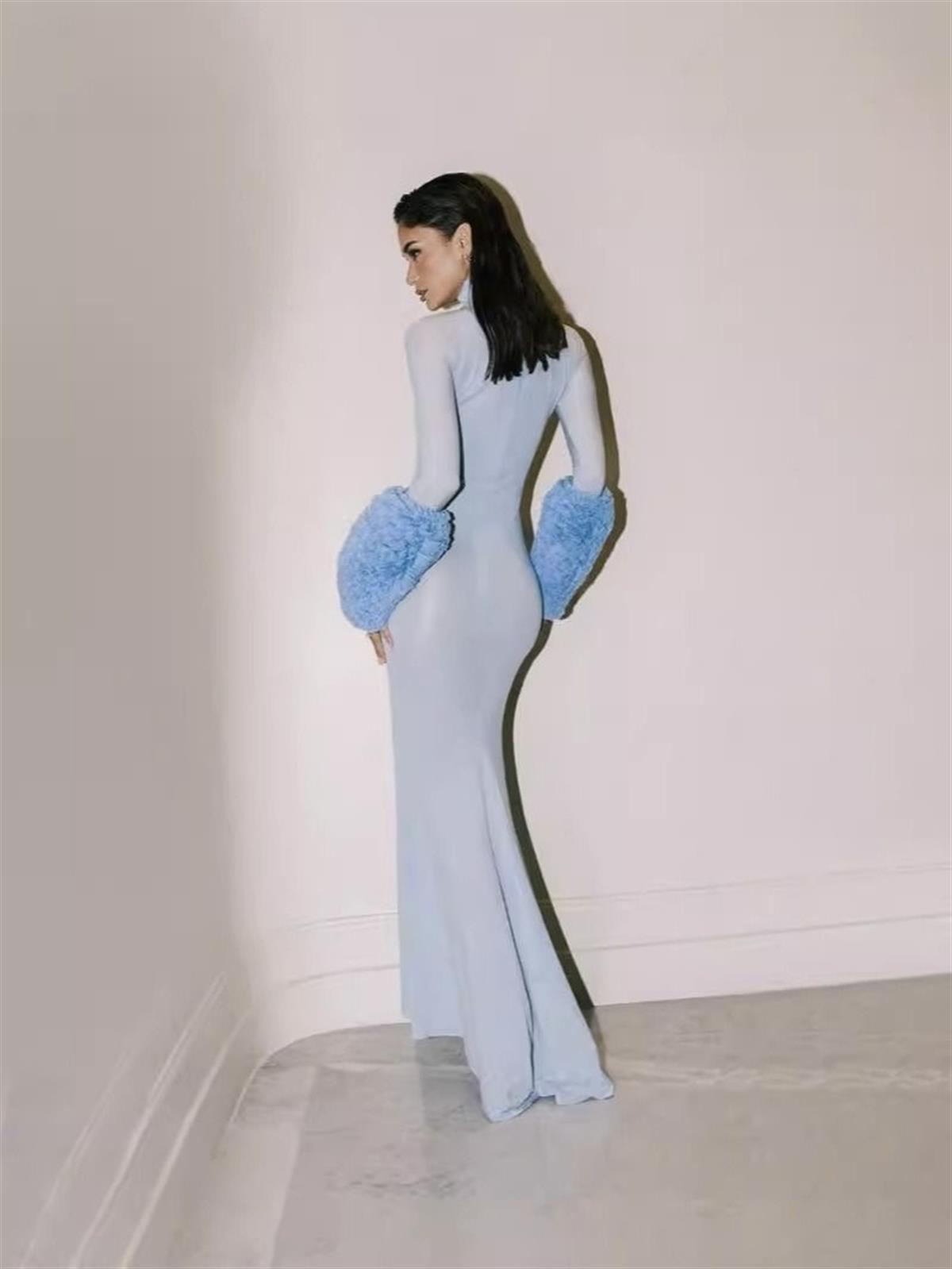 Bebek Mavisi Balon Kol Detaylı Balık Form Elbise