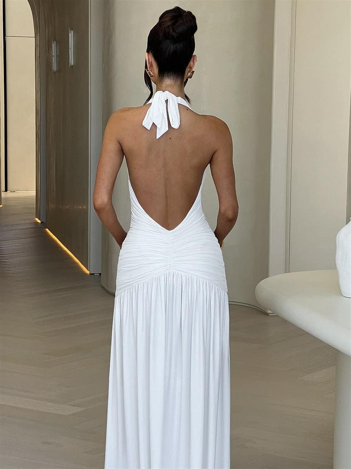 Beyaz Derin V Yaka Yüksek Yırtmaçlı Drapeli Elbise