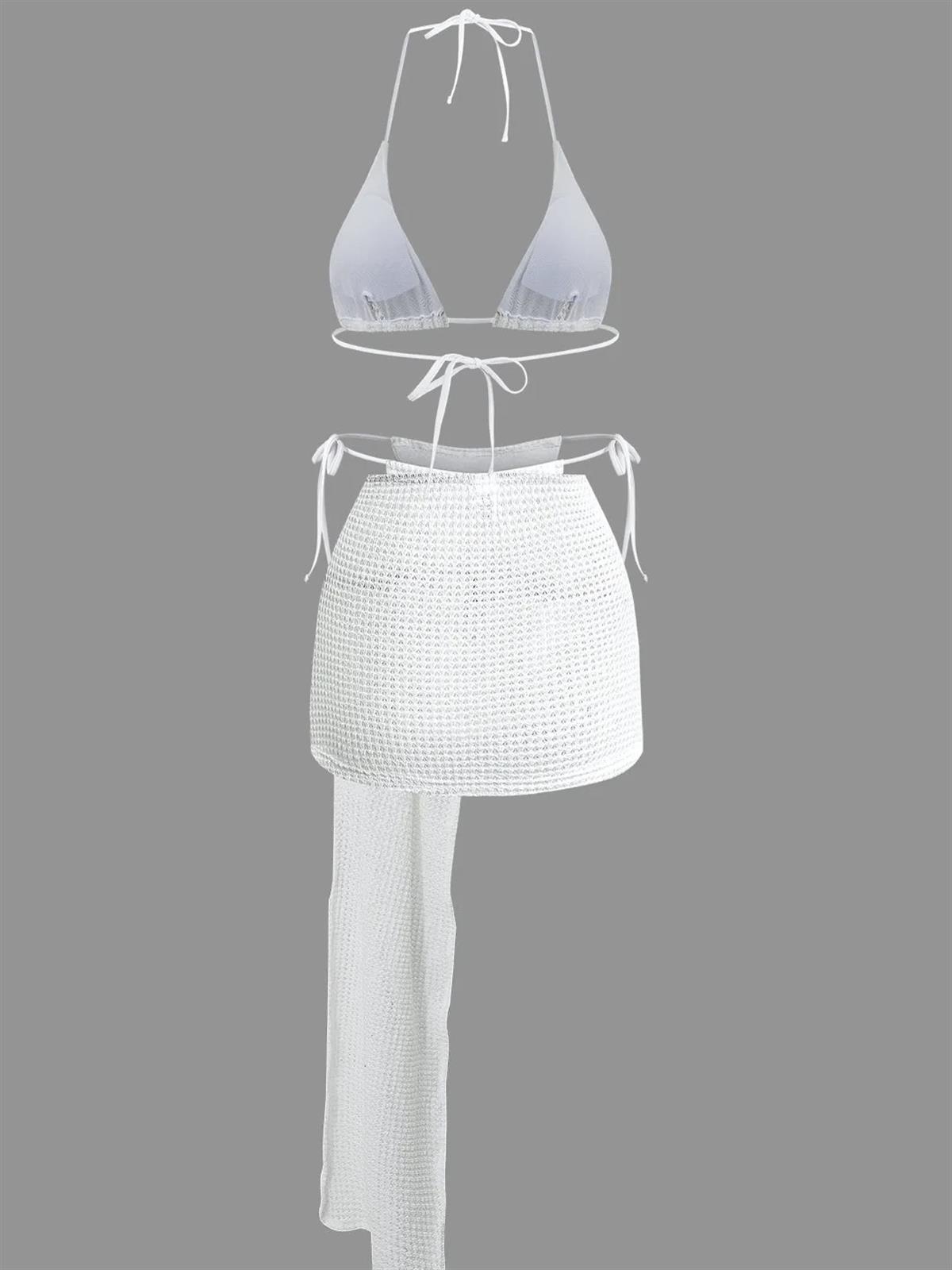 Beyaz Örgü Üçgen Bikini Takımı Ve Drapeli Pareo