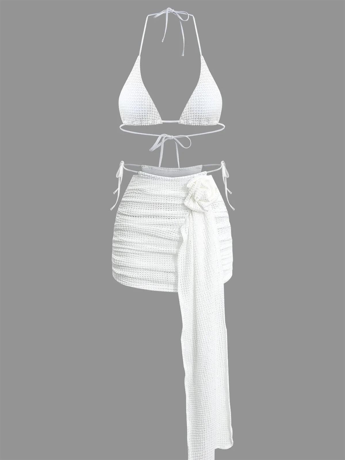 Beyaz Örgü Üçgen Bikini Takımı Ve Drapeli Pareo