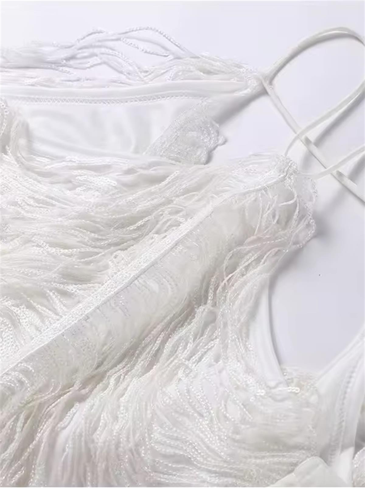 Beyaz Püskül Detaylı Mini Elbise