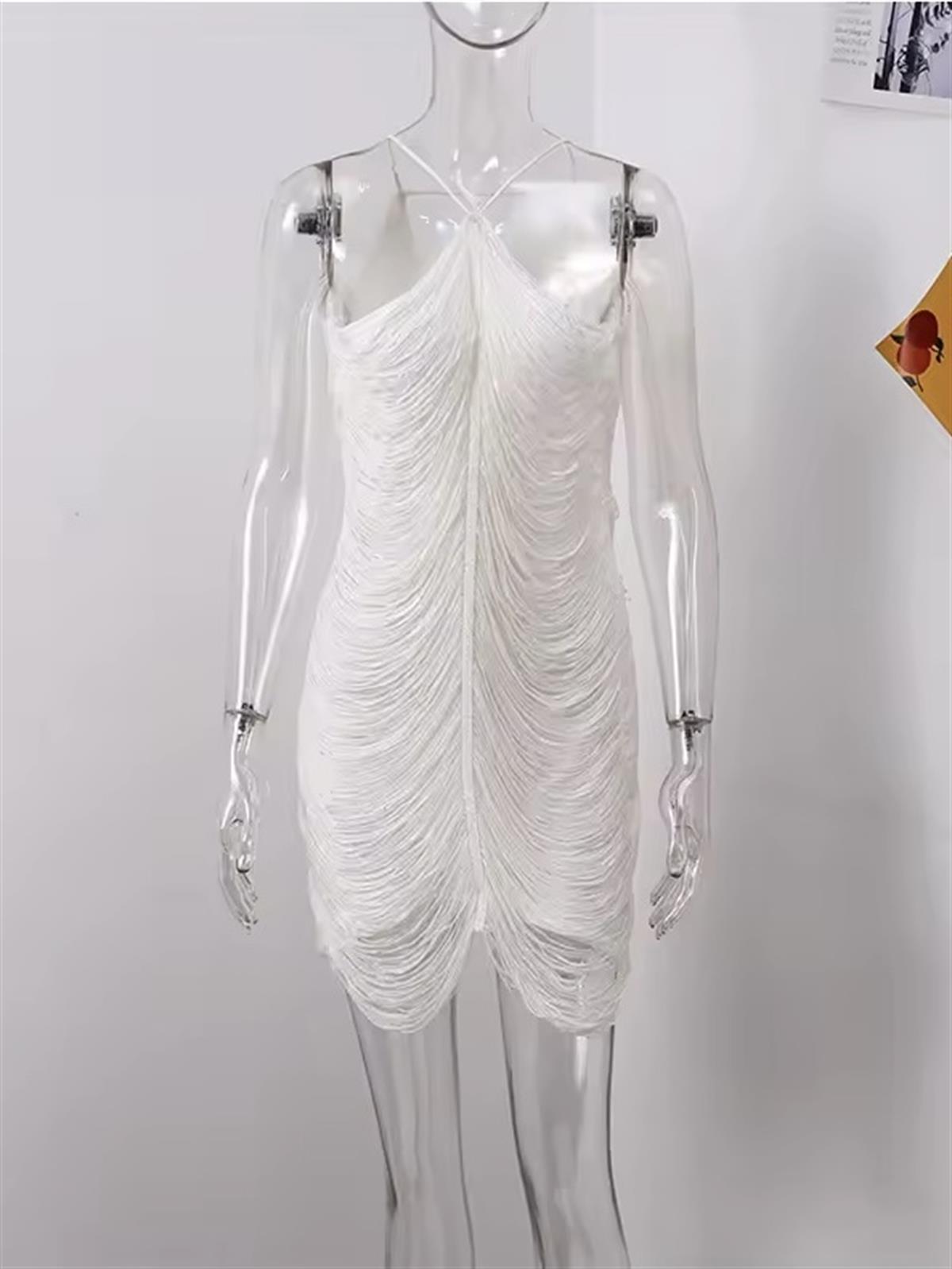 Beyaz Püskül Detaylı Mini Elbise