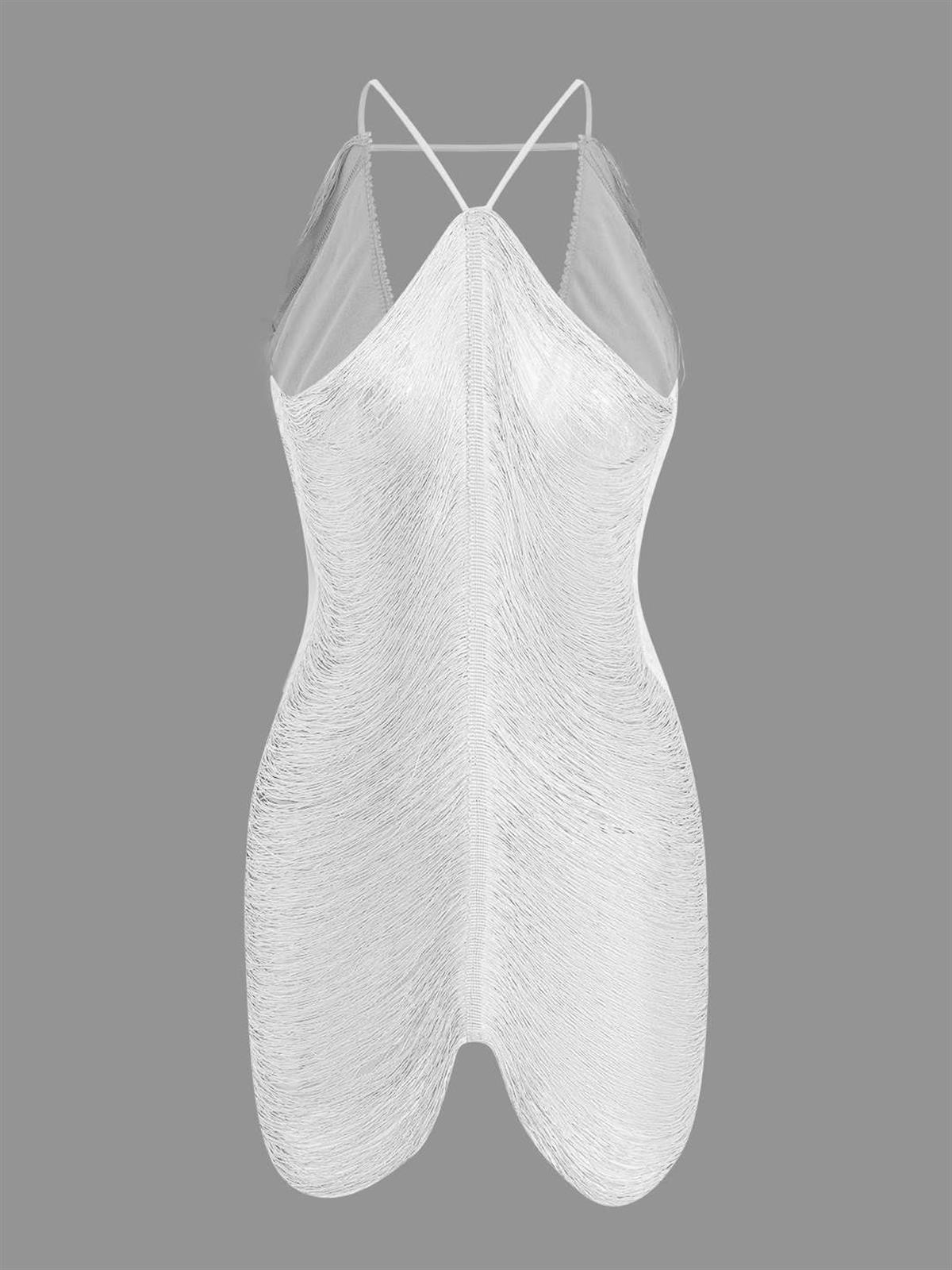 Beyaz Püskül Detaylı Mini Elbise