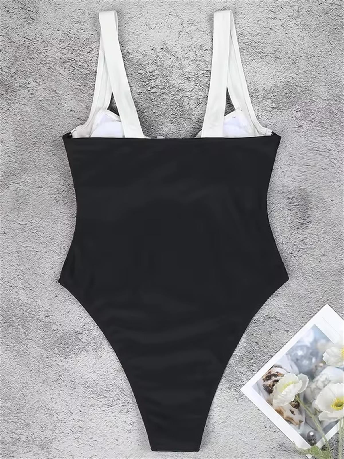 Beyaz Şerit Detaylı Siyah Mayo