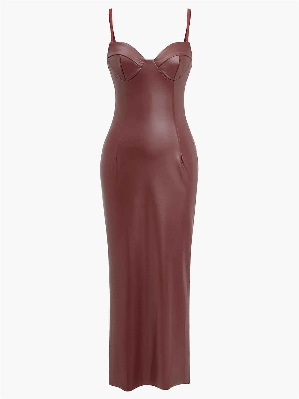 Bordo Suni Deri Uzun Elbise