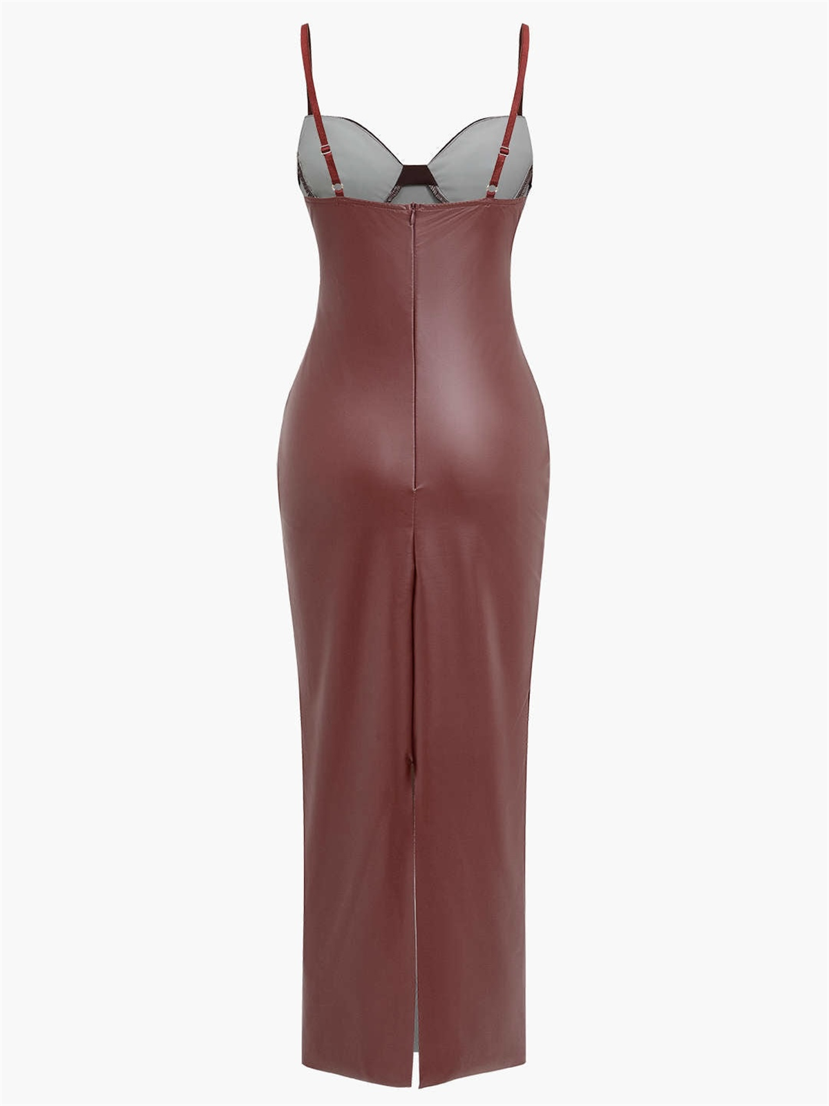 Bordo Suni Deri Uzun Elbise