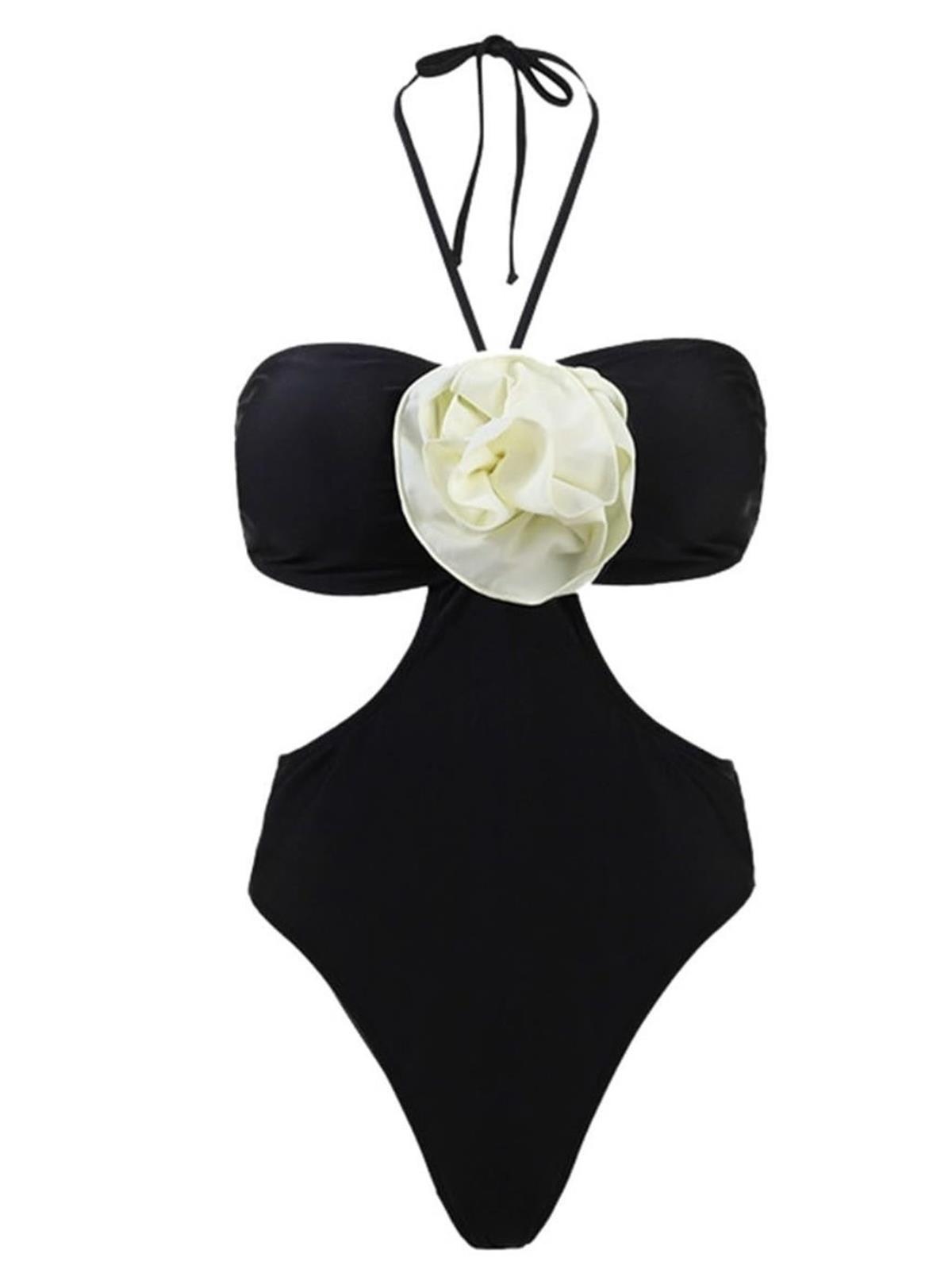 Büyük Beyaz Çiçekli Siyah Mayo