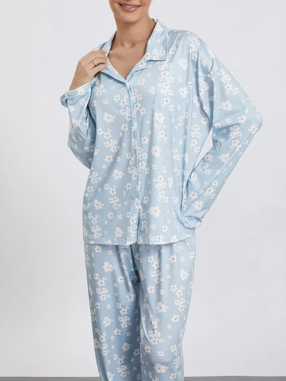 Çiçek Desenli Uzun Kollu Mavi Pijama Takımı