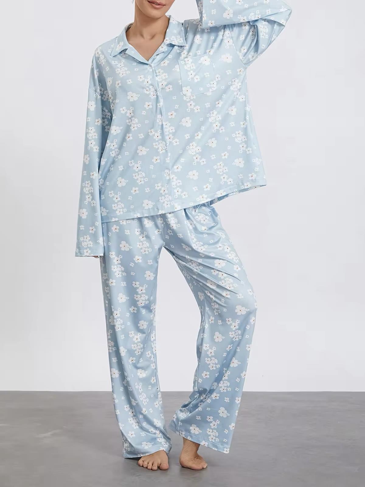 Çiçek Desenli Uzun Kollu Mavi Pijama Takımı