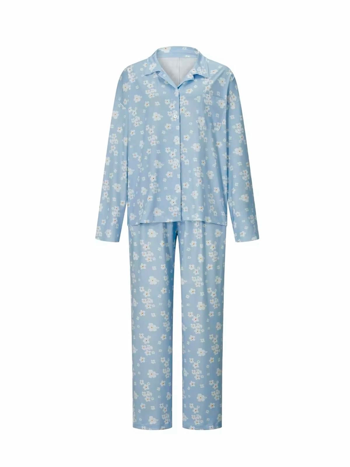 Çiçek Desenli Uzun Kollu Mavi Pijama Takımı