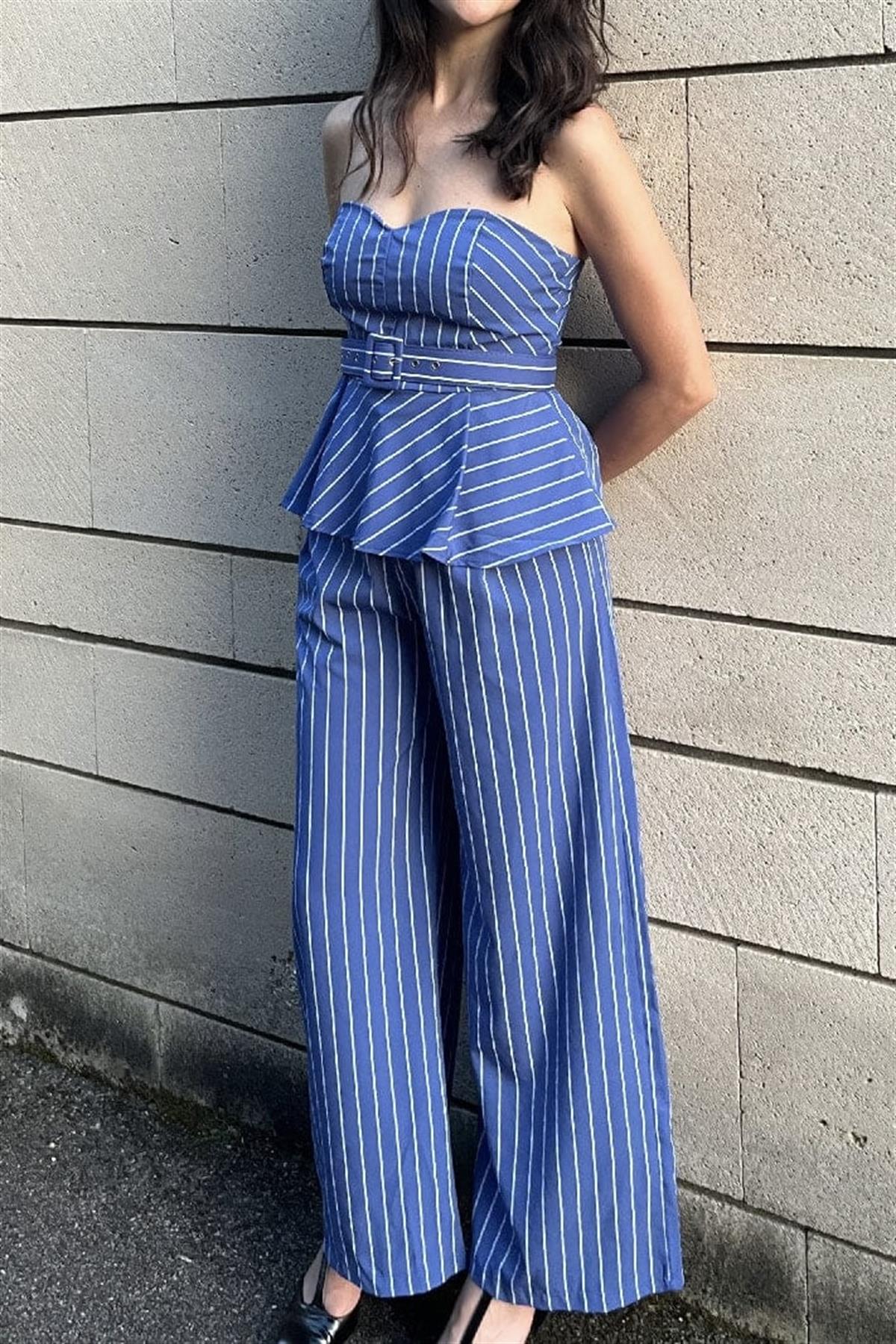 Çizgili Palazzo Straplez Kemer Detaylı Takım