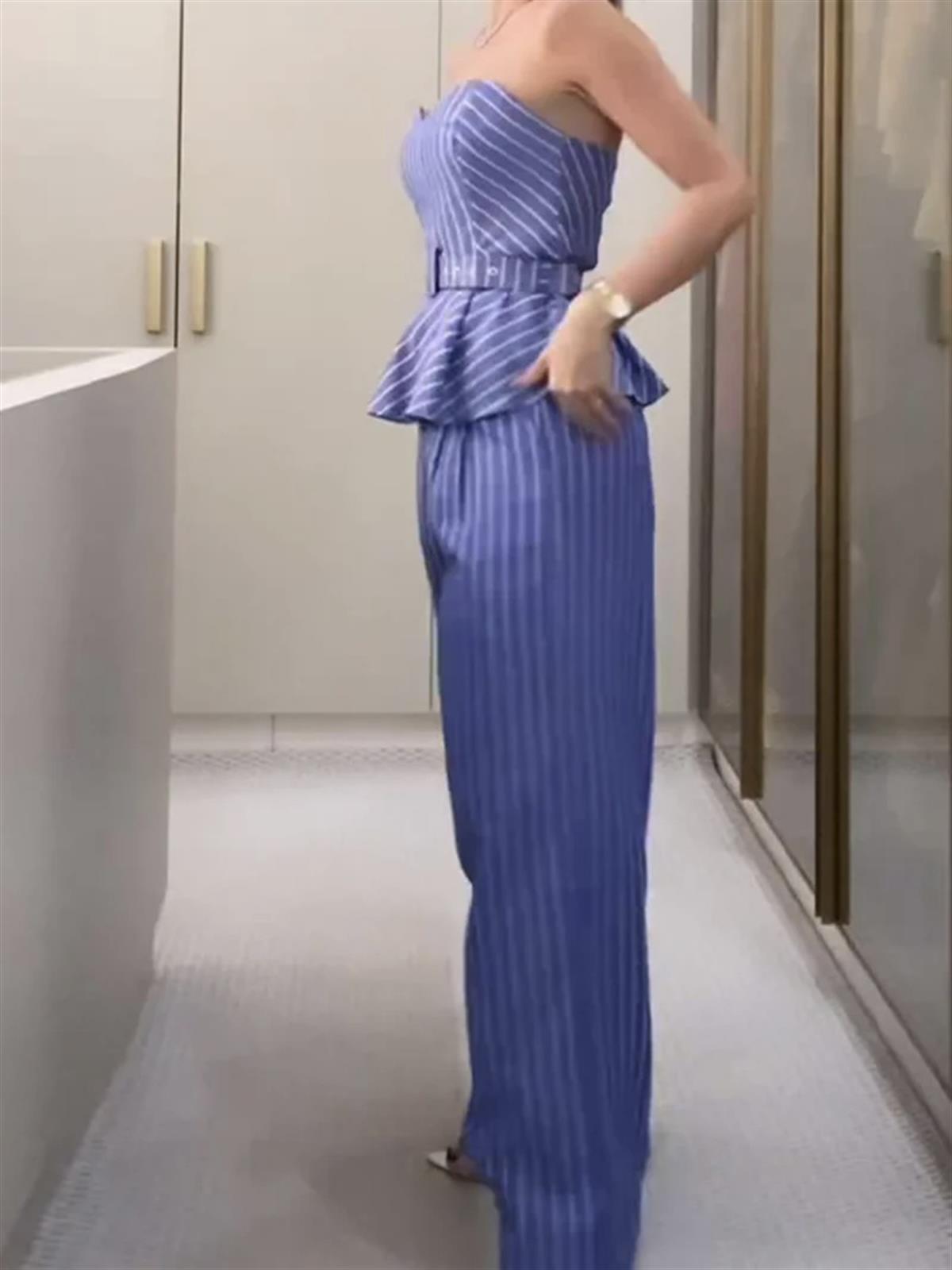 Çizgili Palazzo Straplez Kemer Detaylı Takım