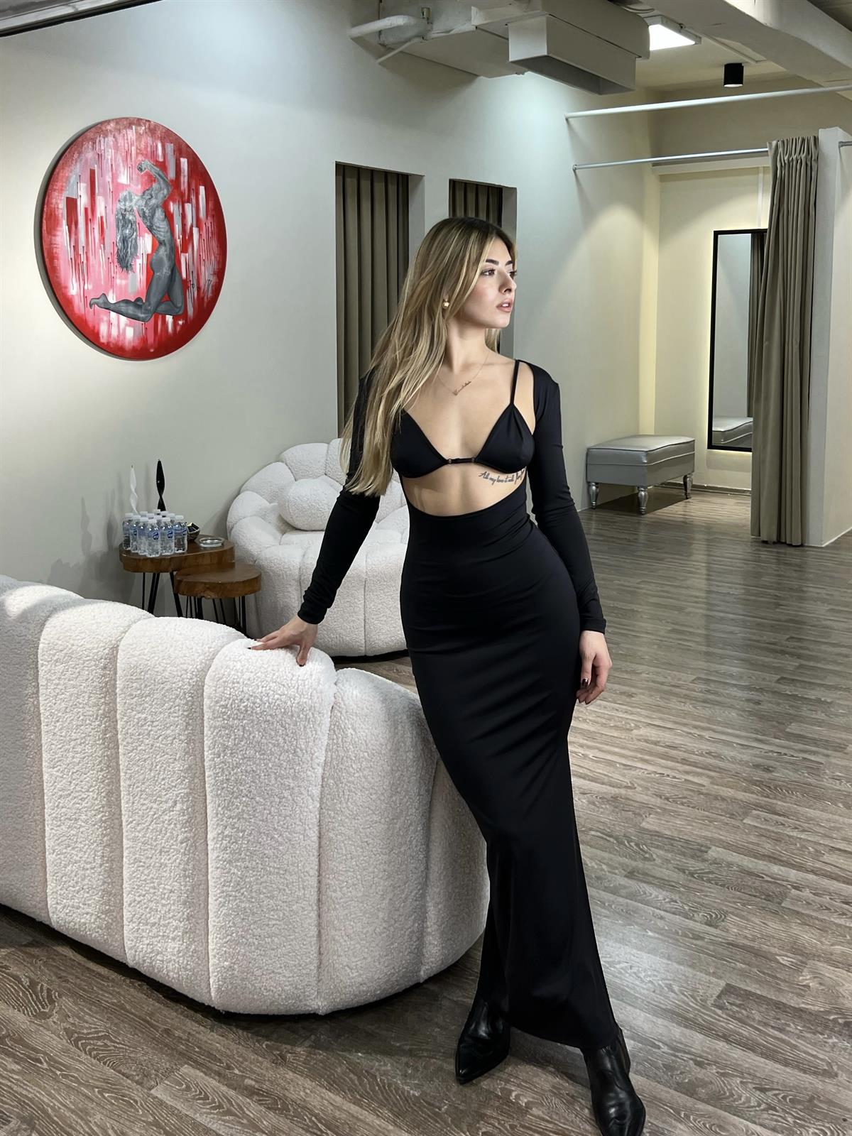 Dekolte Detaylı Çift Yönlü Uzun Elbise